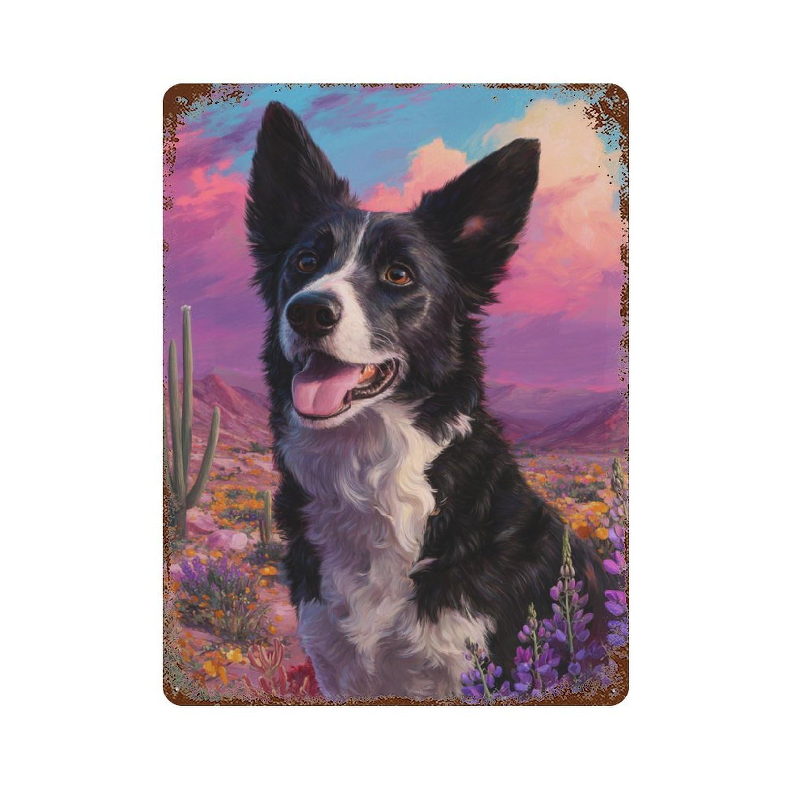 Rustic Tin Plaque with Border Collie in Desert Flowers Design 15.7"x11.8", for Pub, Kitchen And Man Cave Decor, Old School Wall Decor
