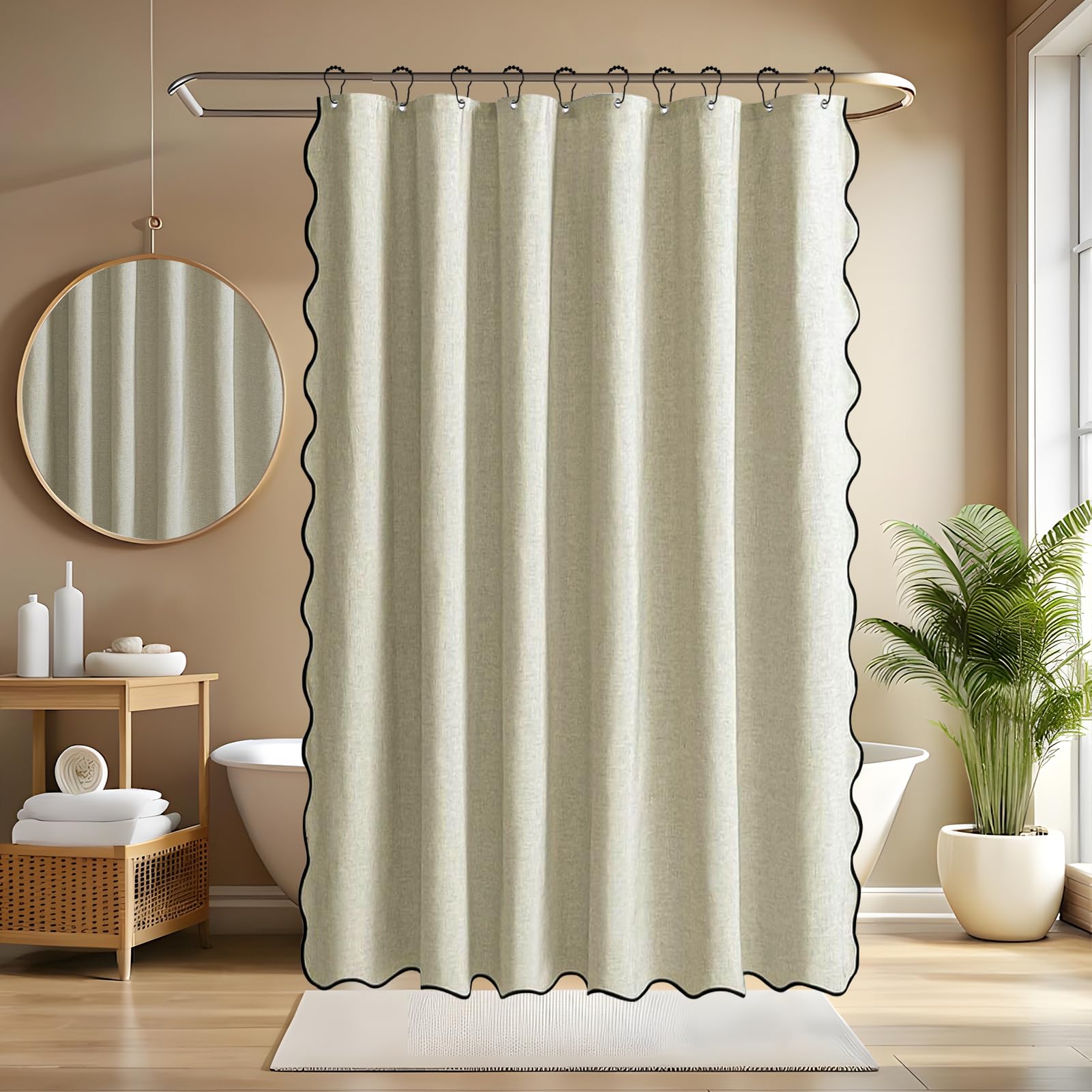 Rideau de douche festonné en tissu lin avec crochets pour décoration de salle de bain