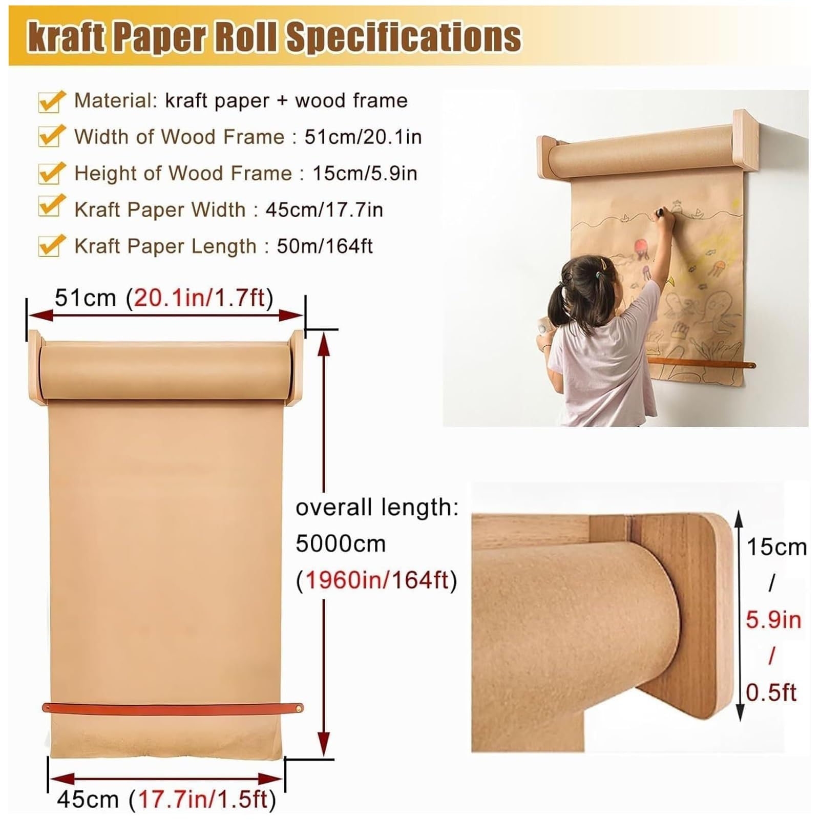 Distributeur de papier kraft mural robuste avec rouleau de 50 m pour gribouillage d'art et affichage de menus, idéal pour les enfants et les cafés