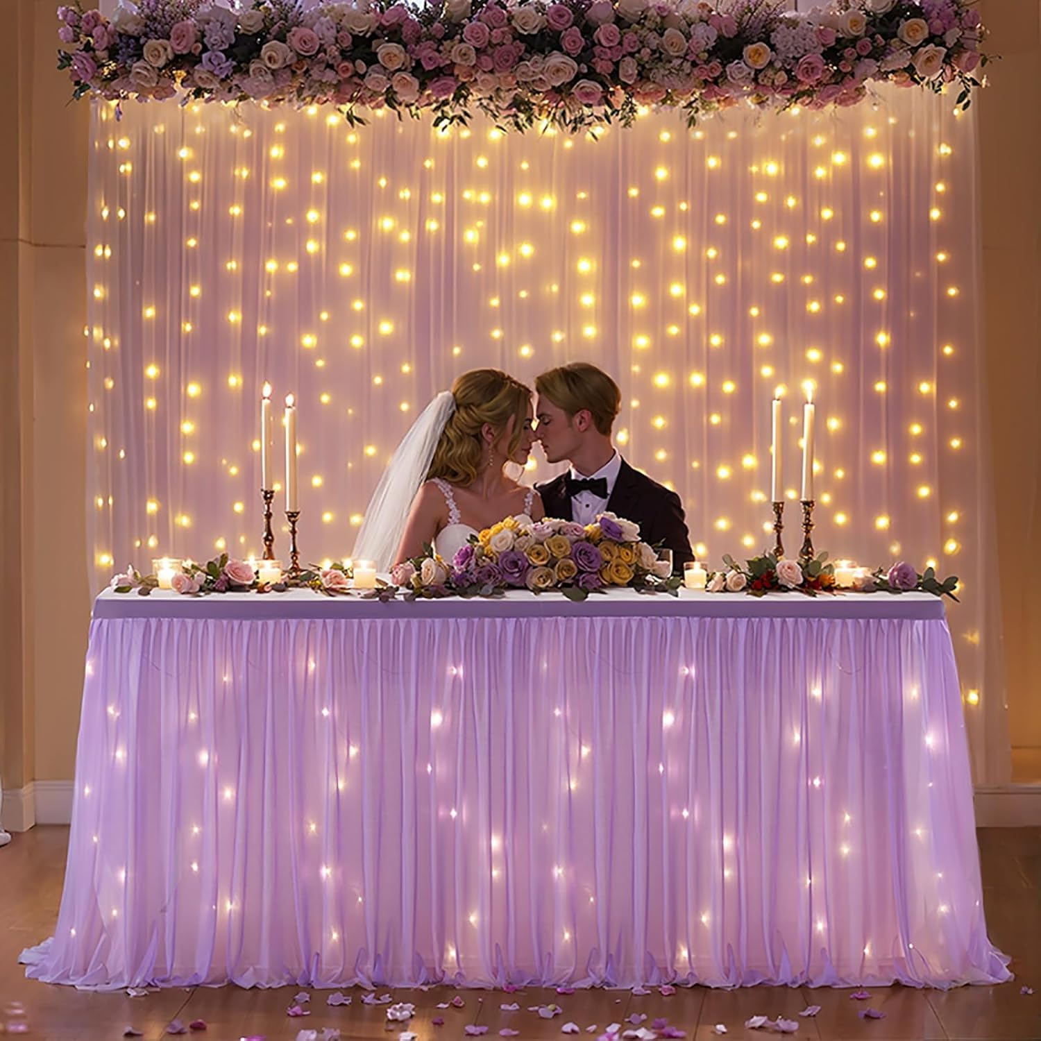 Rectangle Tables Tulle Table Skirt, Polyester Material, With LED Light Desk Skirts, for Baby Shower Wedding Birthday Party Bridal Shower or Banquet Decoration(Purple)
