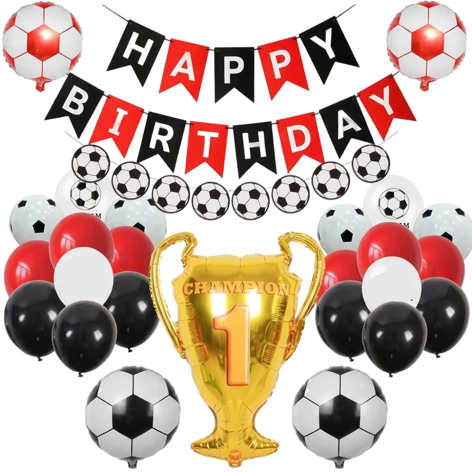 37 Pcs Football Birthday Decorations with Red Black Football Balloons, Happy Birthday Banners and Champion Foil Balloon, Soccer Themed Party Supplies for Celebration World Cup Sports Events