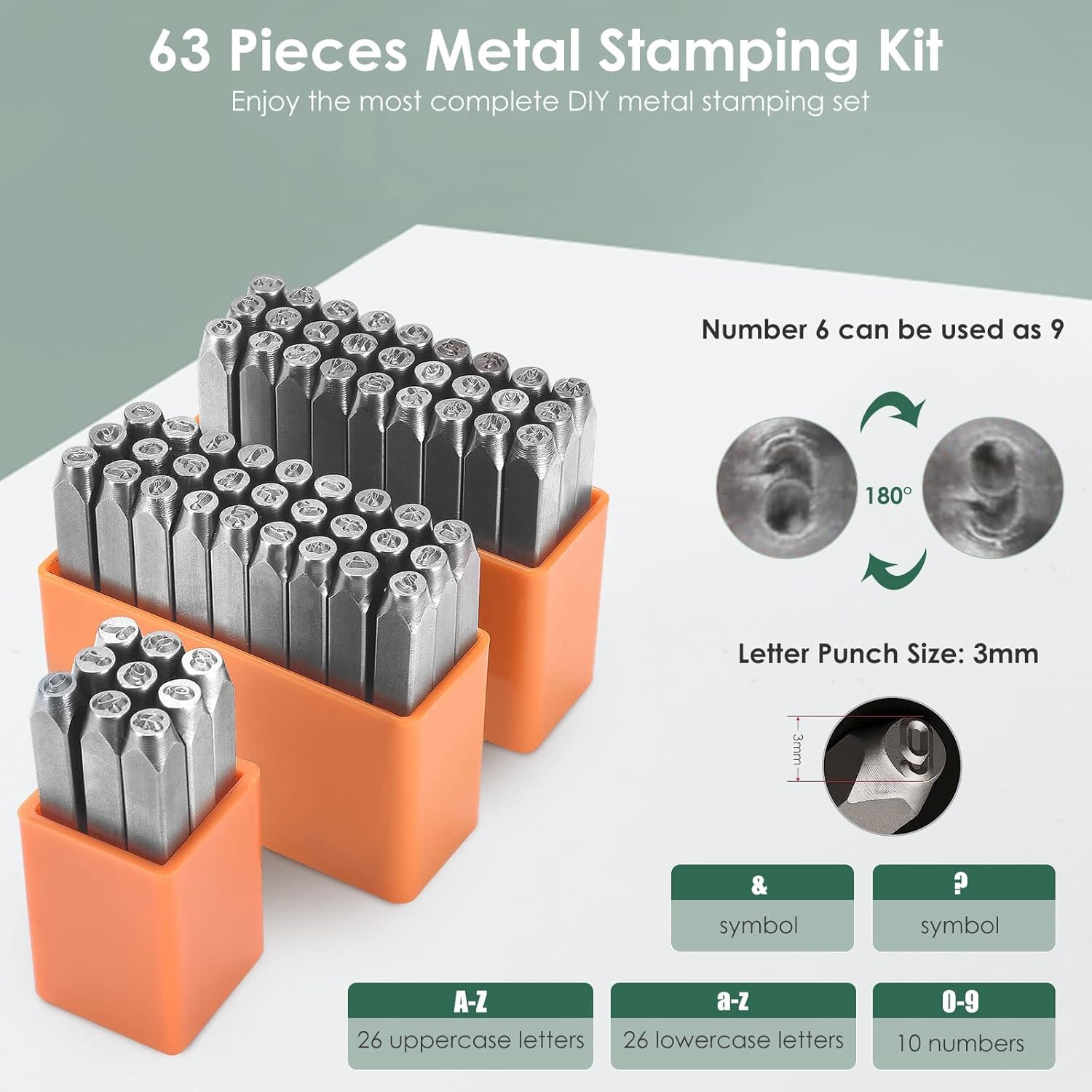 Sunowl Timbri in Metallo con Lettere e Numeri 63PCS, 3mm Punzone per Metallo, Punzoni per Metallo, Alfabeto A-Z, a-z, Numero 0-9 & Simbolo, Kit Punzoni Lettere per Metallo Pelle Gioielli Plastica