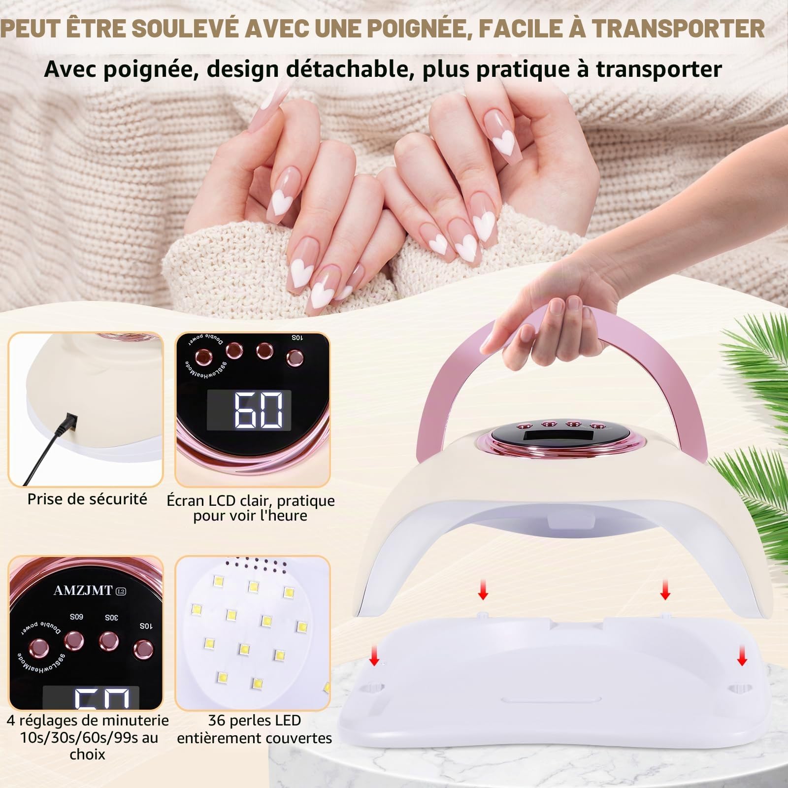 Lampe led ongle 180 W avec capteur automatique,Lampe uv pour polymériser les ongles avec 4 commandes de temps