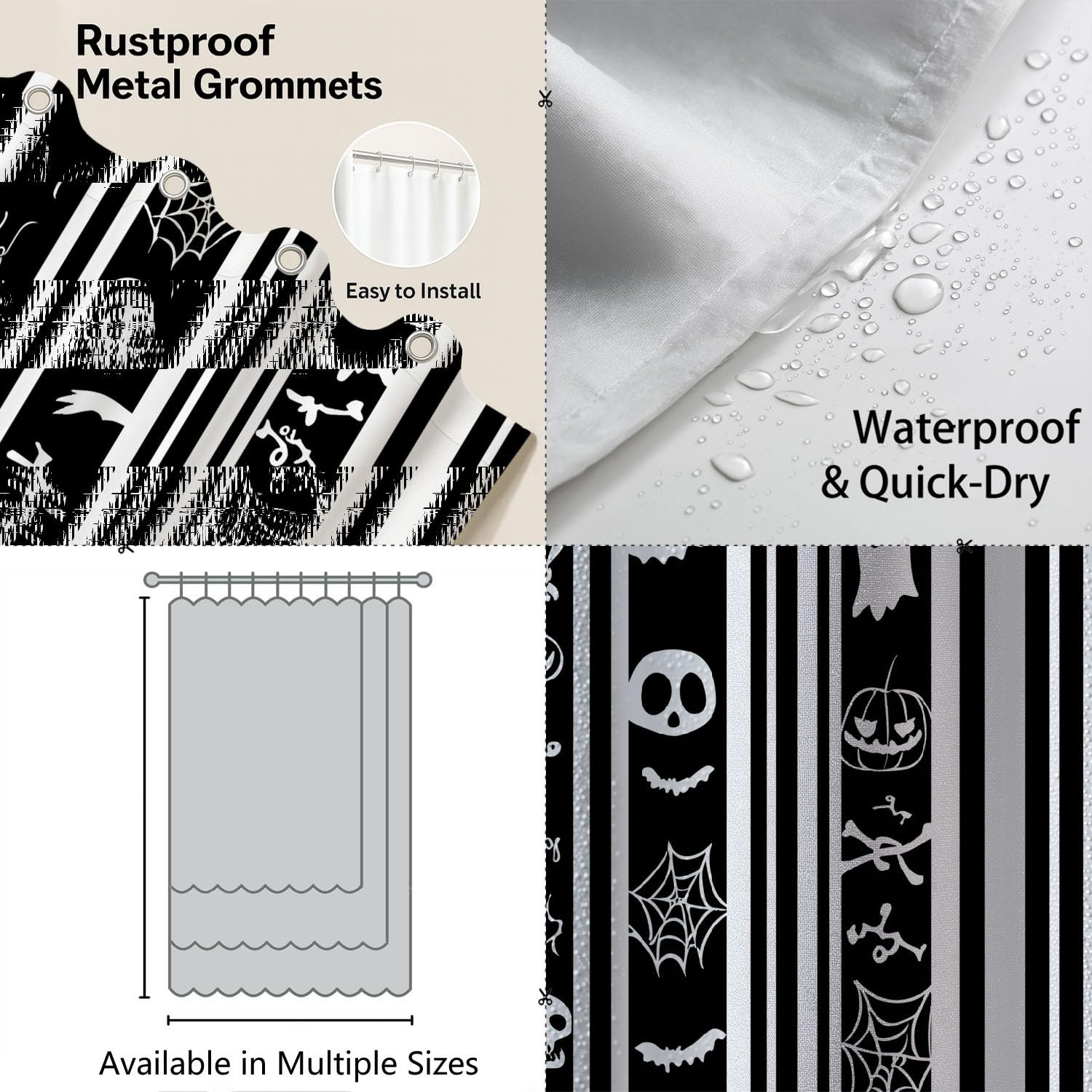 Generico Fantasia Tenda Da Doccia Silhouette Tema Halloween Nero Bianco, Tenda Da Doccia Per Bagno, Vasca Da Bagno, Tenda In Poliestere Impermeabile Con Ganci In Plastica, 180 x 200 cm