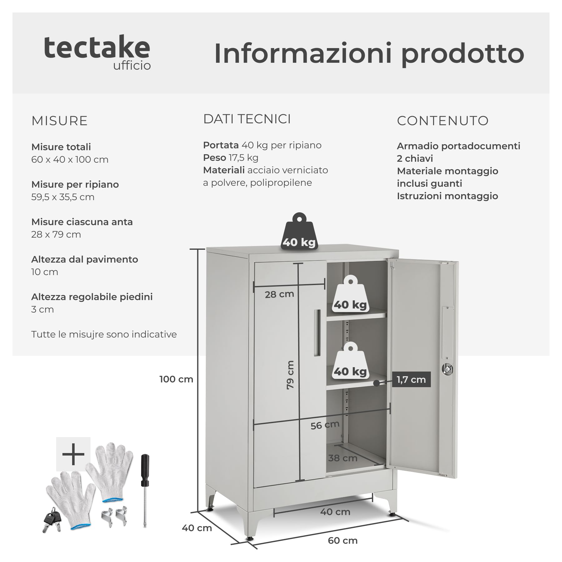 tectake® Armadietto in Metallo Portadocumenti in Acciaio, 60 x 40 x 100 cm, 3 Ripiani Regolabili, Chiusura Magnetica e Chiave, Scaffale Metallo Garage, Mobile Ufficio, Piedini Regolabili - Grigio