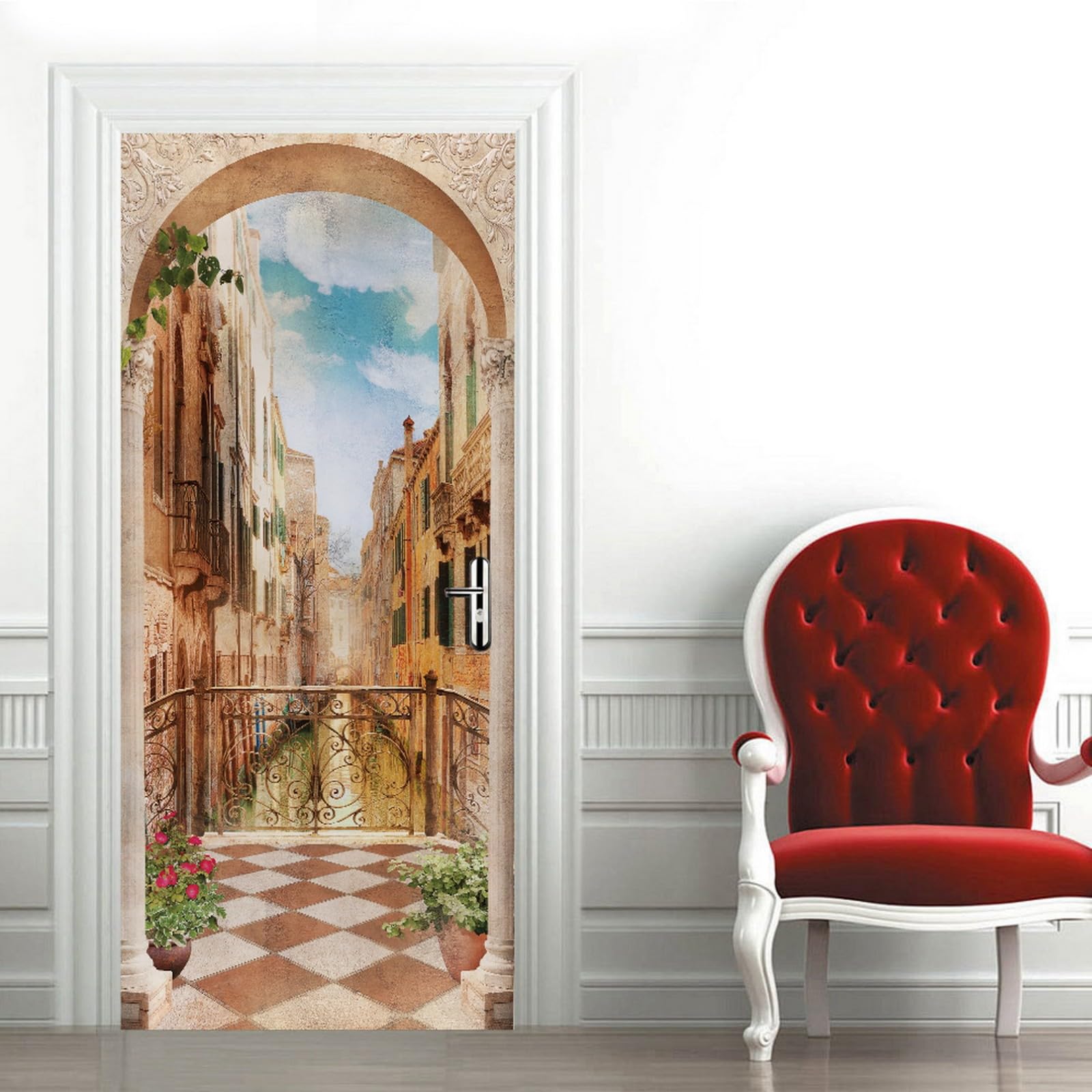 A.Monamour 3D Door Stickers for Interior Doors Venetian Balcony View Vinyl Waterproof Self Adhesive Door Mural Decals for Bedroom Office Bathroom 77x200cm