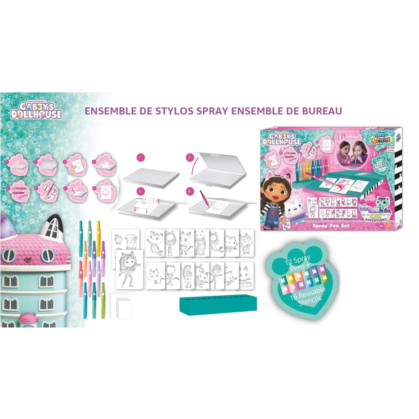Gabby's Dollhouse - Spray Pen Set Desktop Box (GD23368) - Kit de Stylos Pulvérisateurs pour Colorier et Dessiner - 12 Stylos et 16 Pochoirs pour Créer des Couleurs et des Dessins Uniques