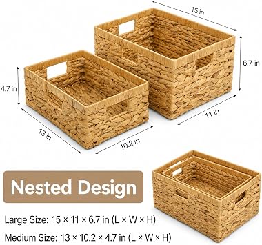 Wicker Baskets for Shelves Storage Basket with Built-in Handles, Set of 2