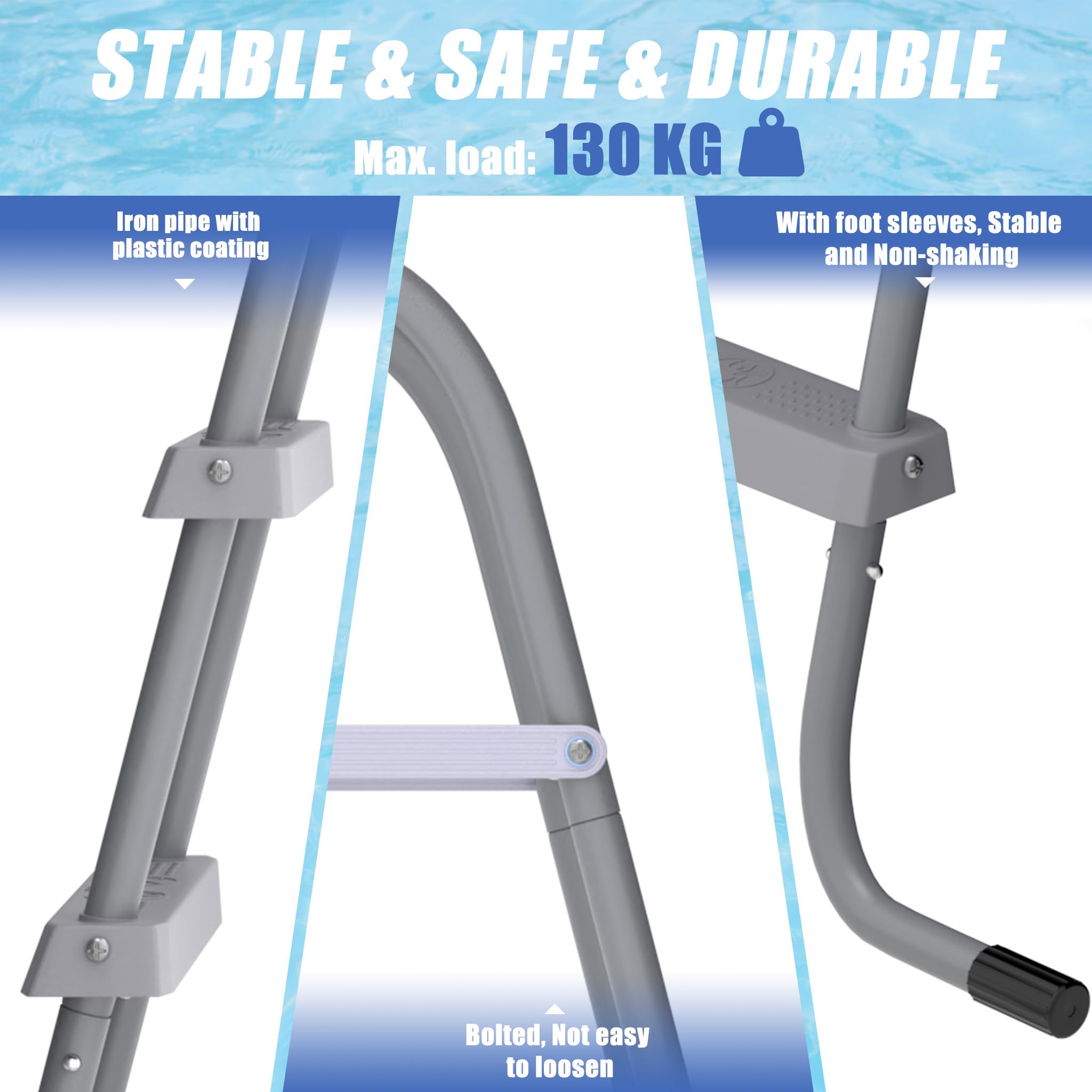 UISEBRT Échelle de piscine hors-sol - 2 marches pour des hauteurs de piscine de 80 cm - Cadre en fer robuste avec revêtement en plastique - Échelle de piscine jusqu'à 130 kg - Facile à monter et à