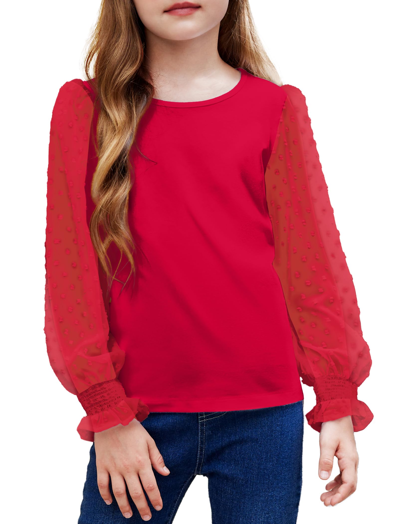 Arshiner Girls Long Sleeve Shirt with Ruffle Cuffs Polka Swiss Dots Kids Girls Pullover Shirts Cute Crewneck Girls Top