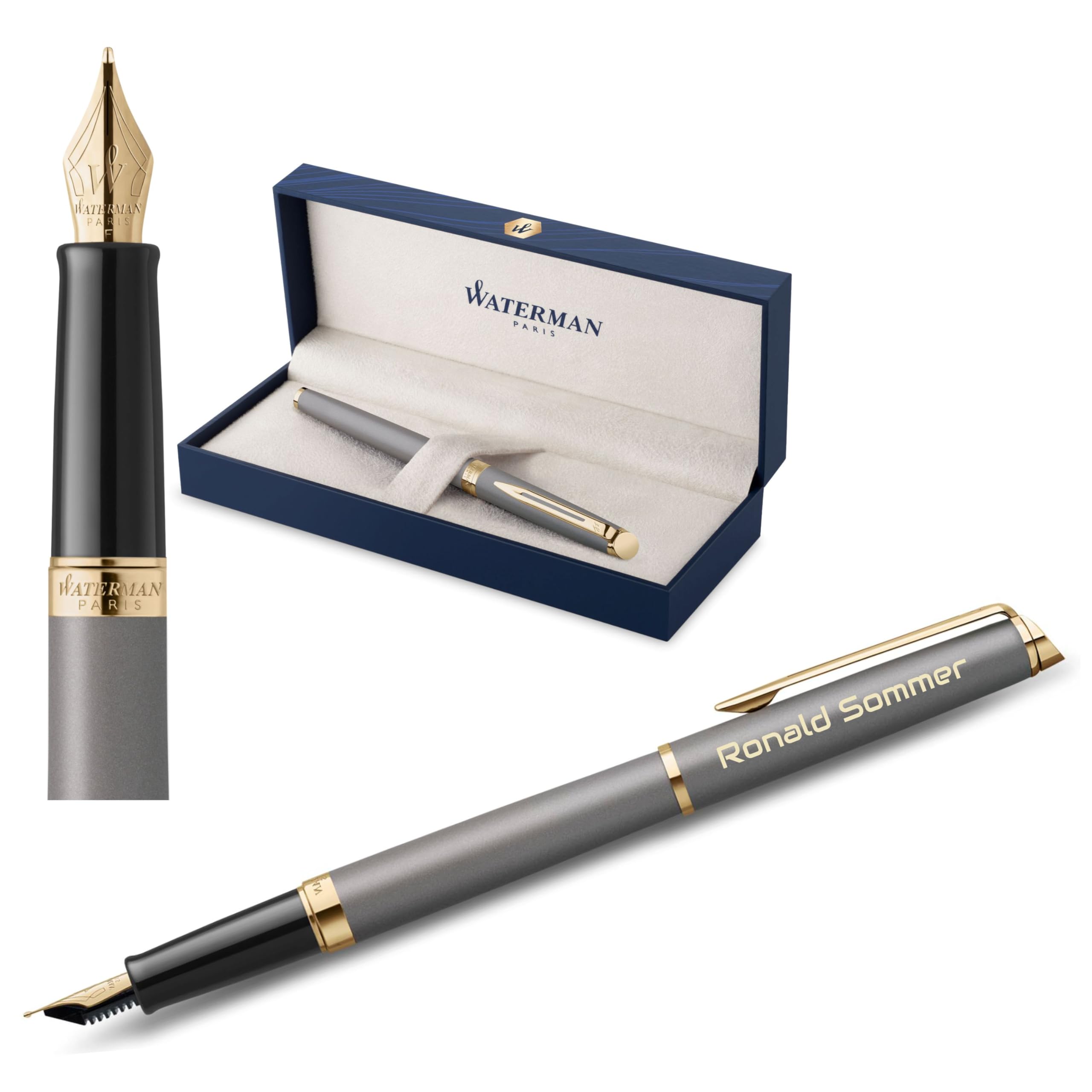 Waterman Hémisphère Engraved Fountain Pen - Personalised Gift for Men & Women - Blue Ink, Medium Nib, Elegant Design Inspired by Paris Fashion (Stone Grey G.T.)