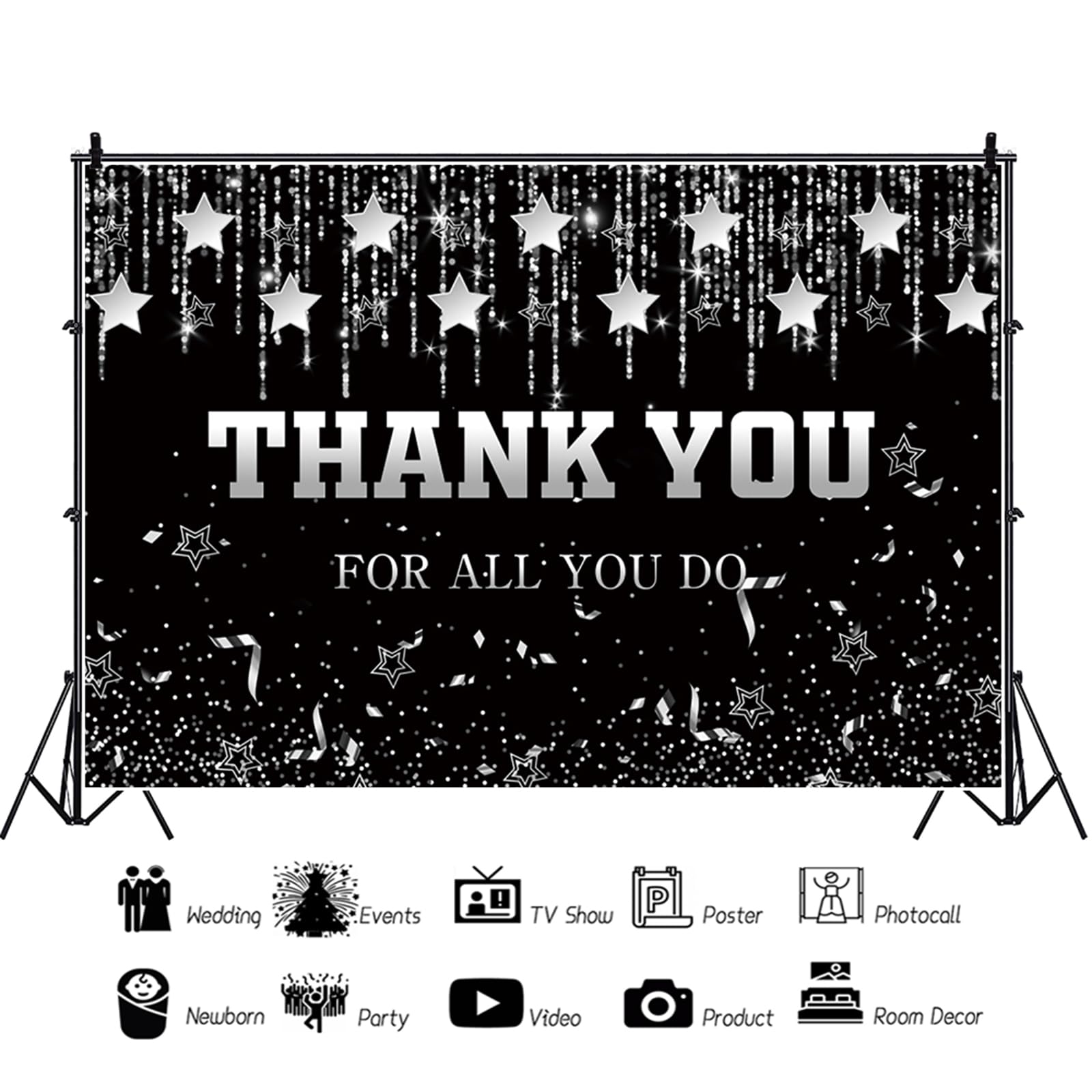 Fondale fotografico con stelle argentate e nere con scritta "Thank You for All You Do", 1,8 x 1,2 m, per personale, insegnanti, medici, pensionamento, decorazioni per studio fotografico