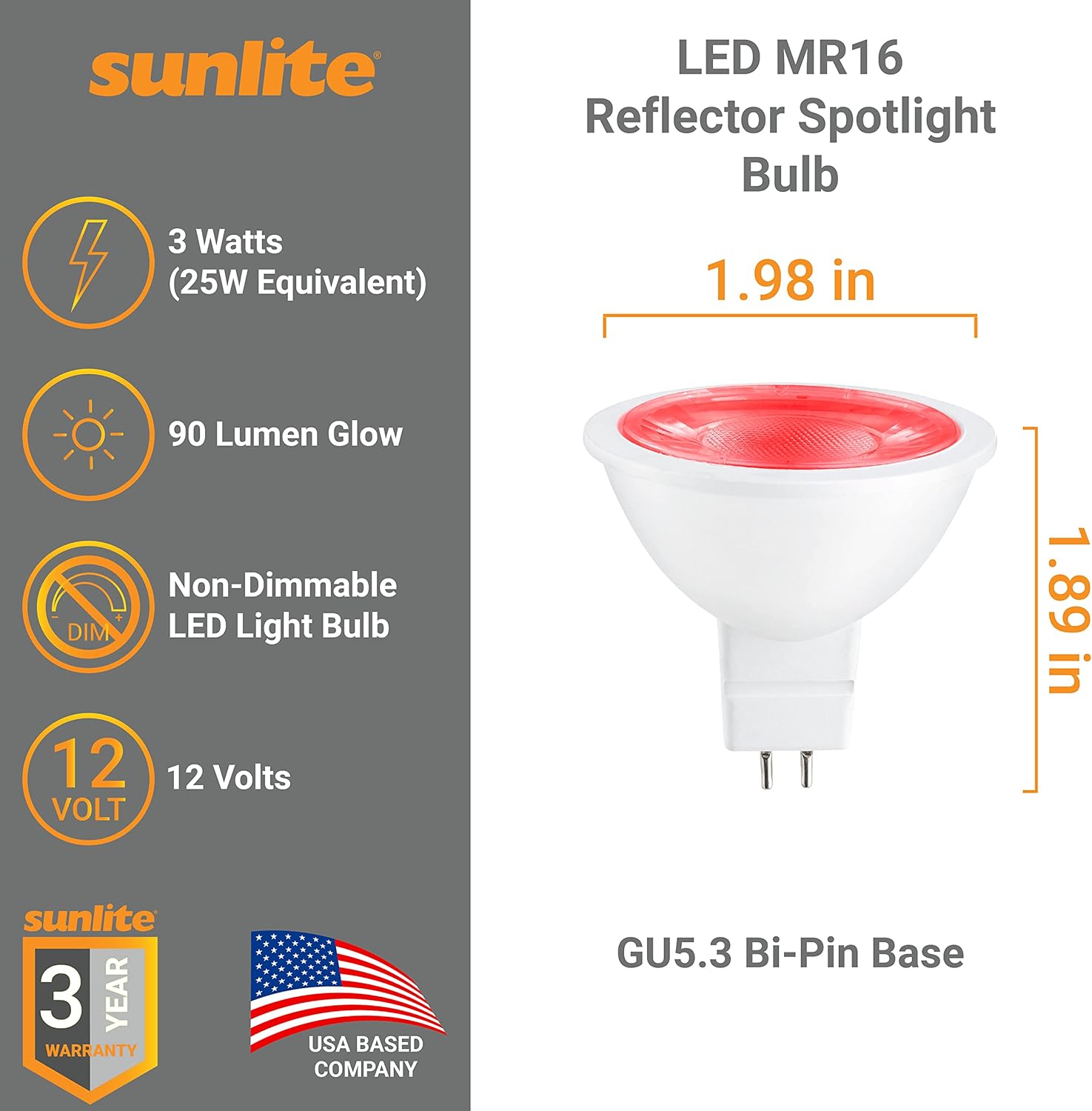 Sunlite 41047 LED MR16 Reflector Spotlight Bulb, 90 Lumens, 3 Watts (25W Halogen Bulb EQ) 12V, GU5.3 Bi-Pin Base, Non-Dimmable, Party Decoration, Holiday Lighting Red Color, 6 Count
