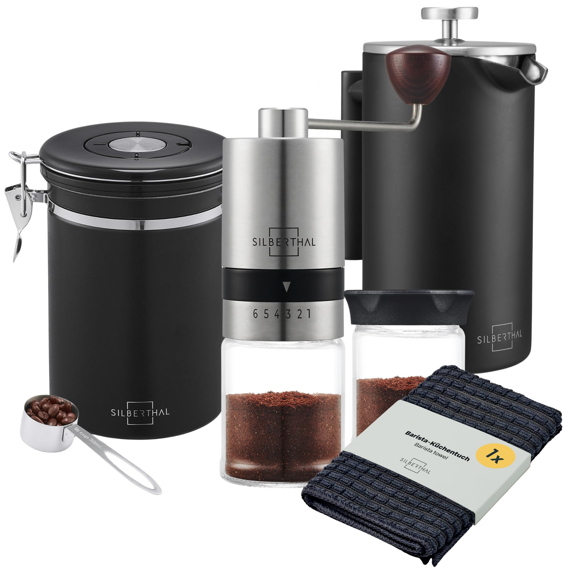 SILBERTHAL Set molinillo, cafetera francesa 1L y tarro - Inox y cristal | 6 niveles de molido - Acero inoxidable y cristal - Ideal para los amantes del café - Disfruta del café como un barista