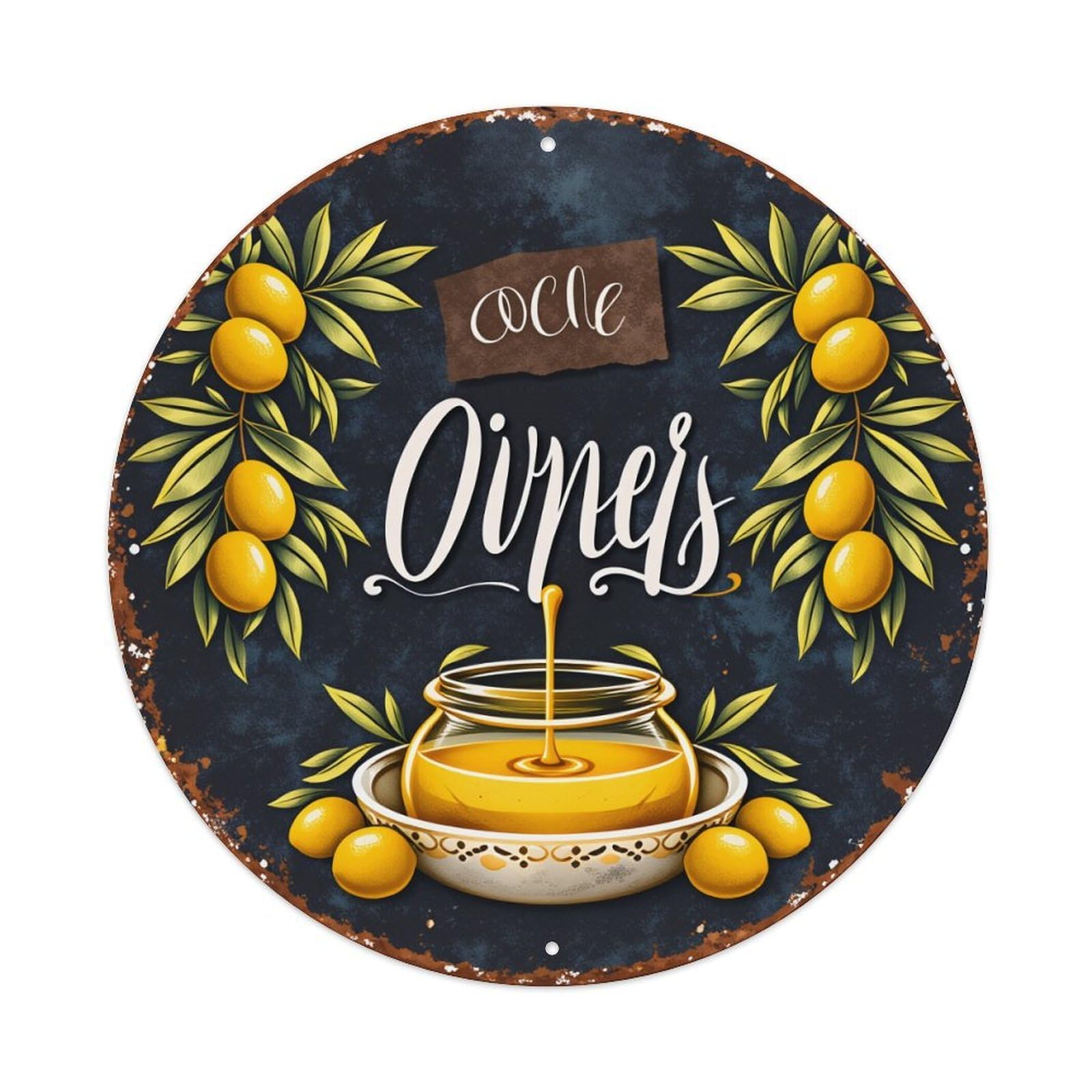 Olive Branches Golden Olives Pouring Oil Jar Round Vintage Tin Sign,Retro Wall Art,Metal Poster for Home, Bar, Garage, Cafe, Rustic Indoor & Outdoor Decor, 8x8 Inches