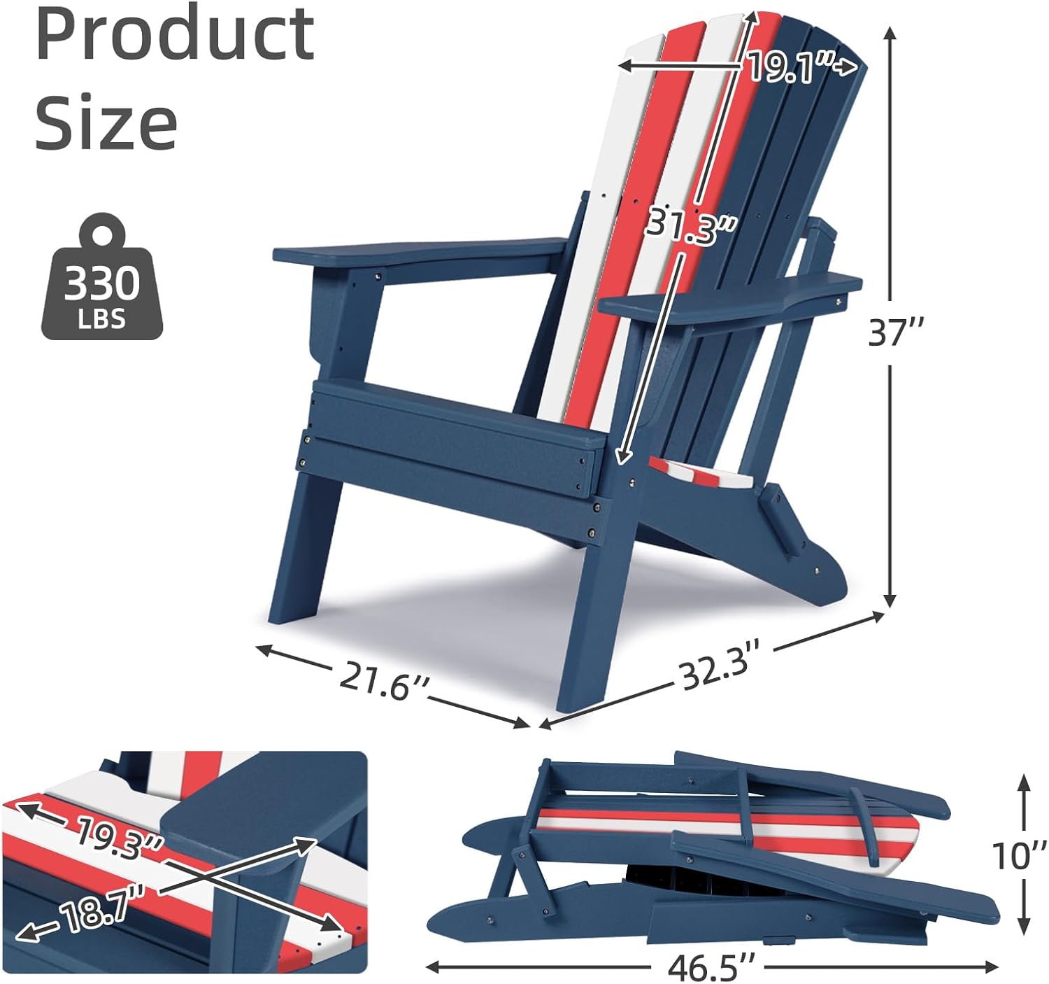 Aoodor Folding Adirondack Chair HDPE Outdoor All-Weather Chair for Patio, Garden, Backyard, Lawn, Fire Pit, Set of 2, Red&White&Blue