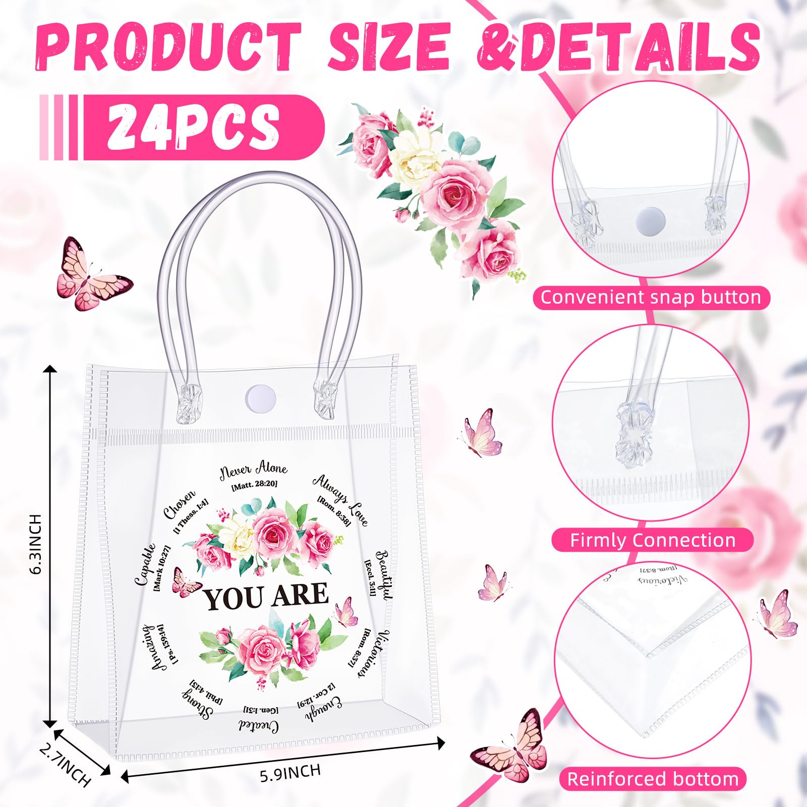AmazingSpark 24 Pcs Christian Gift Bags for Women Bulk Gift Bags for Women Bulk Inspirational Gifts Pink Floral Religious Goodie Bag with Handles Gifts for Church Bible Birthday Party