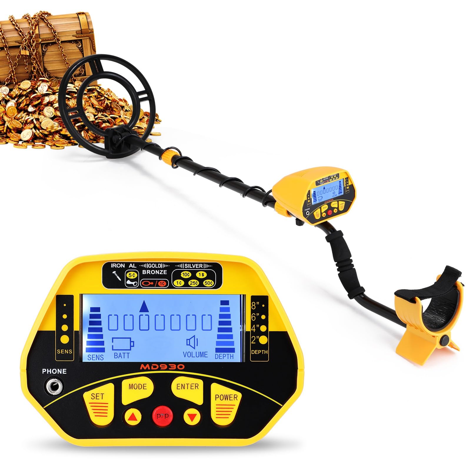Detector de oro profesional for adultos, detector de metales de alta precisión, pantalla LCD, peso ligero, bobina de búsqueda y conector for auriculares for niños y adultos