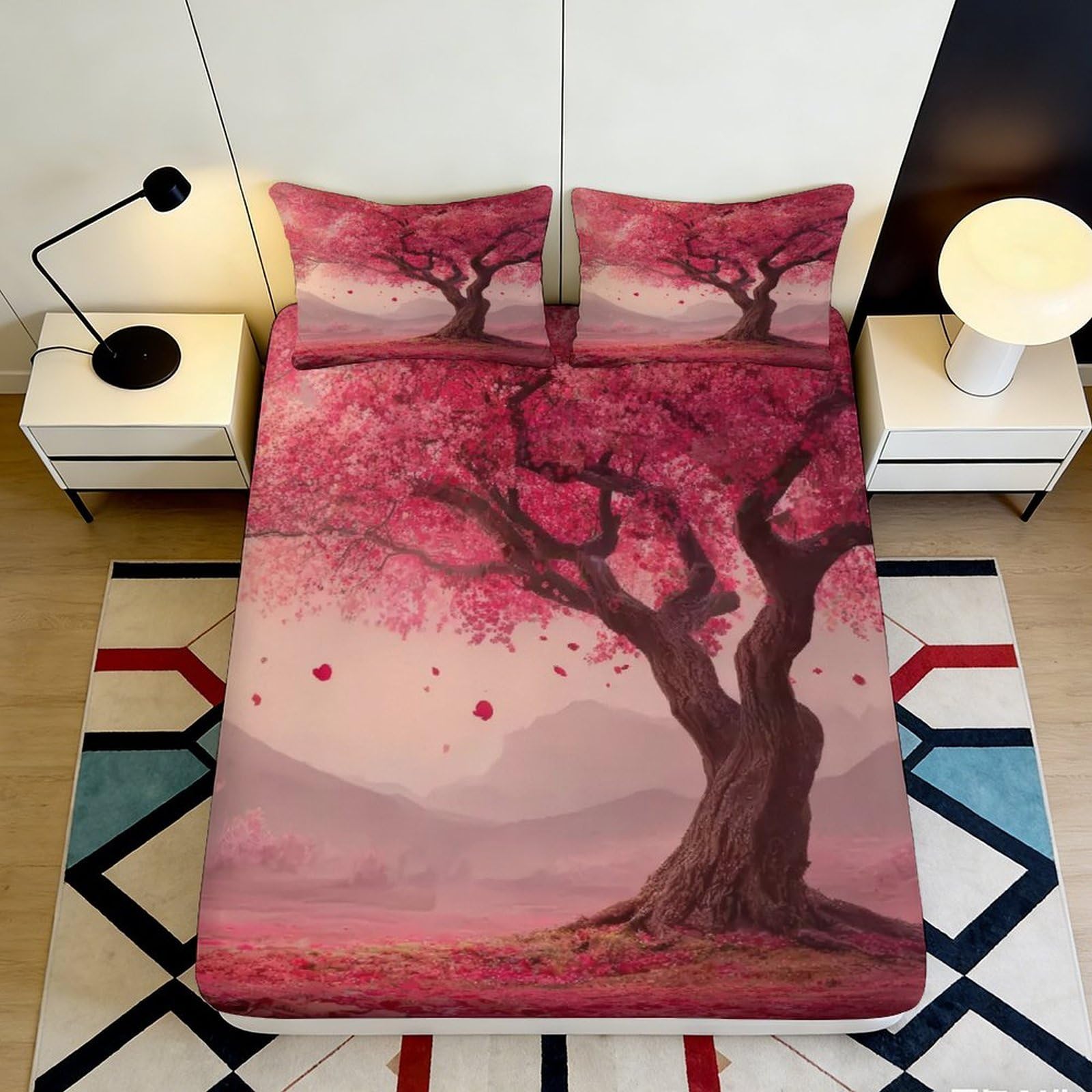 3D Printed Sakura Blossom Fitted Sheet Microfiber Pink Tree Mattress Cover for Bedroom Guest Room Bed Decor 90x200x25cm