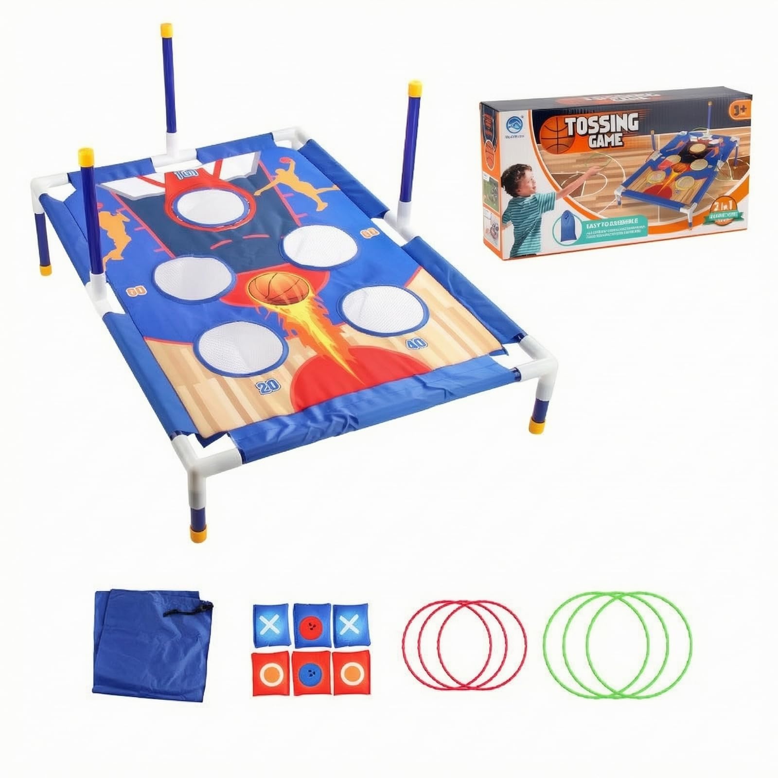 Gioco Lancio Anelli per Bambini con Tabellone Rialzato Set Sportivo con Fori Punteggio Anelli Piccoli Più Tre Grandi Telaio con Gambe Coordinazione