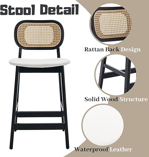 Miniatura 4 de Juego de 2 taburetes de bar de ratán de piel sintética blanca, taburetes de bar tapizados de madera de 26 pulgadas, sillas de isla de cocina de