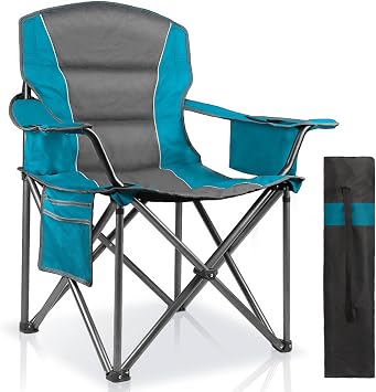Oversized Padded Camping Chairs for Adults,Heavy Duty Support 400 Lbs,Folding Portable Lawn Chair w/Cup Holder,Cooler Bag,Side Pocket,Perfect for Outdoor Picnic,HikingBlue