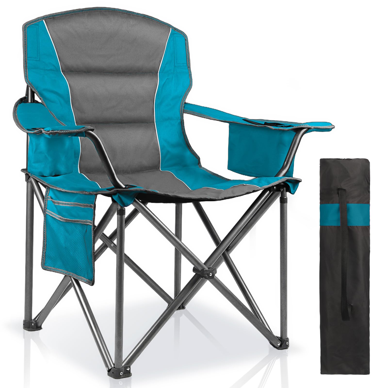 LANMOUNTAIN Oversized Padded Camping Chairs for Adults,Heavy Duty Support 400 Lbs,Folding Portable Lawn Chair w/Cup Holder,Cooler Bag,Side Pocket,Perfect for Outdoor Picnic,Hiking(Black)