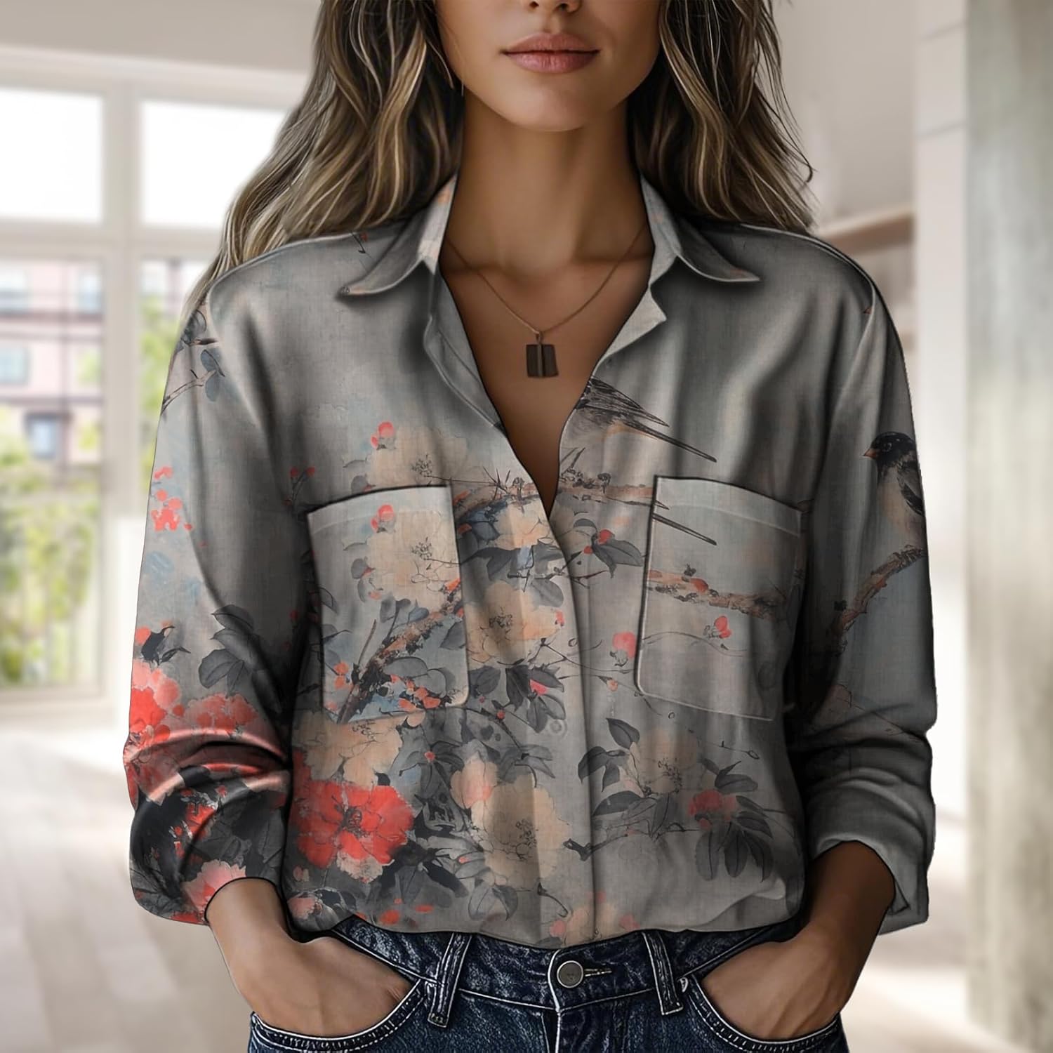 domirica Spring Shirts for Women 2025 Trendy Button Up Rolled Three-Quarter Sleeves V Neck Blouses Soft and Comfy Tops