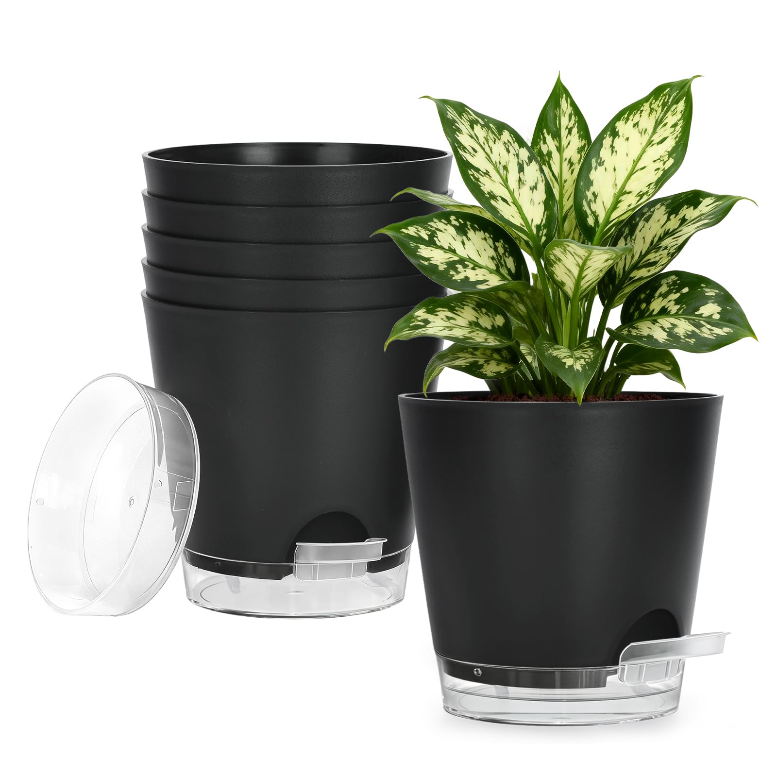 KINGLAKE 15cm Selbstbewässerungstopf- 6er Set Blumentopf Plastik mit Absorptionskern & Transparentem Wasserreservoir, Modern Kräutertopf mit Untersetzer für den Innenbereich- Schwarz
