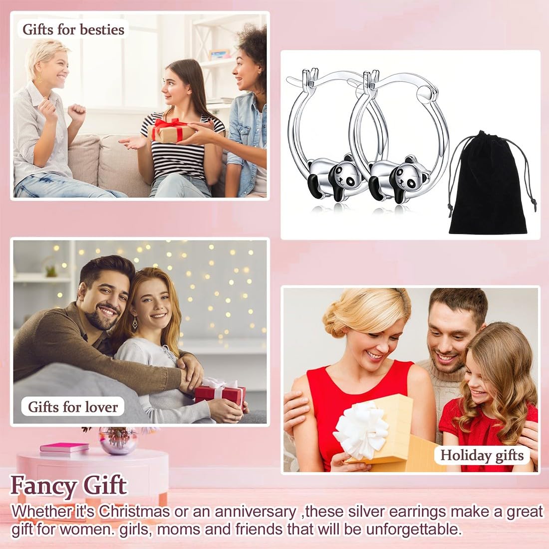 Boucles d'oreilles Panda pour Filles, Argent Sterling 925 Boucles d'oreilles Petite Creoles Animaux Hypoallergéniques Mignon Panda Bijoux Cadeau d'Anniversaire Cadeau de Saint-Valentin