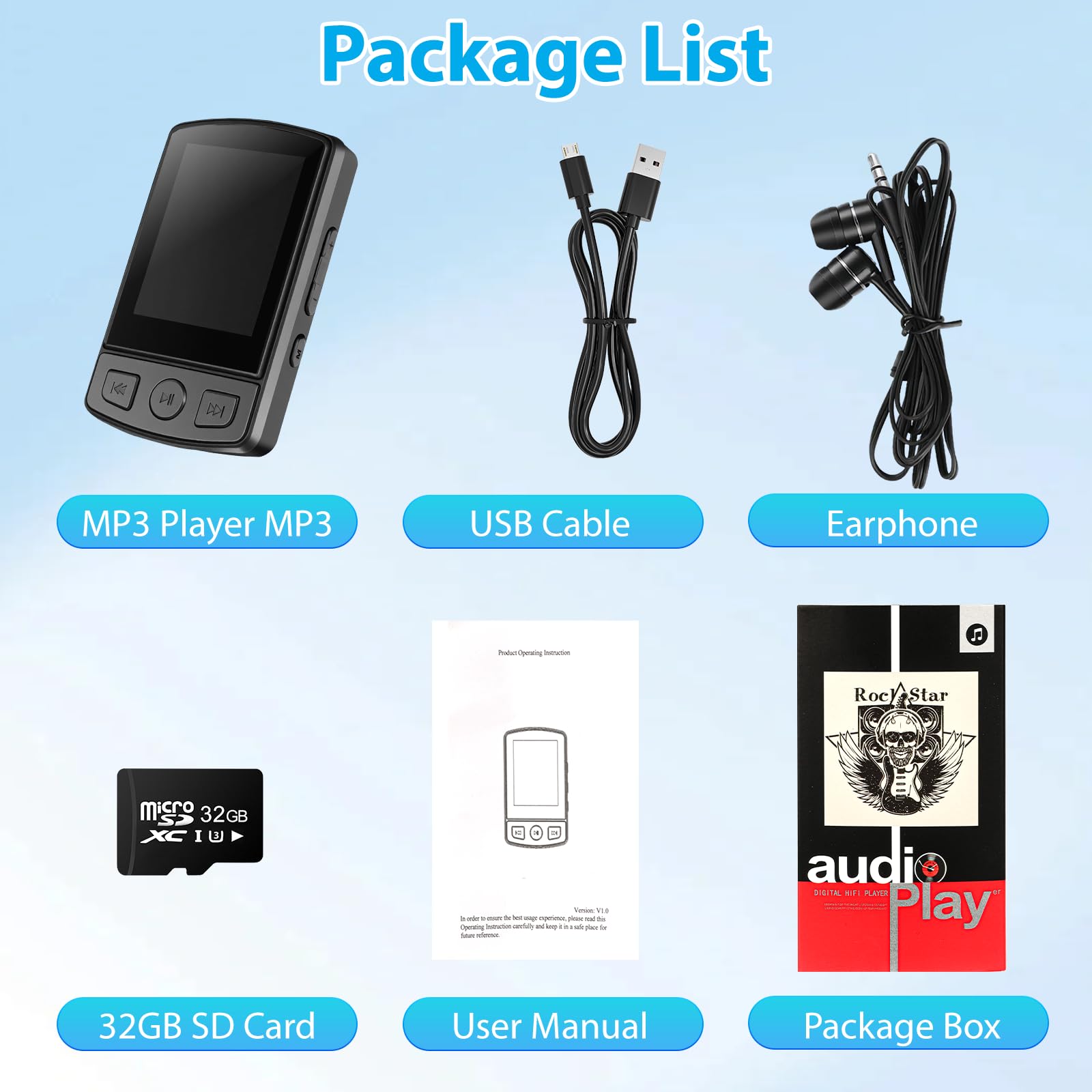 Lettore MP3 Bluetooth 5.2 – 1,8 pollici TFT schermo a colori con clip Sport 32 GB MP3 – lettore radio FM, altoparlante con cuffie, espandibile fino a 128 GB scheda SD per bambini e adulti
