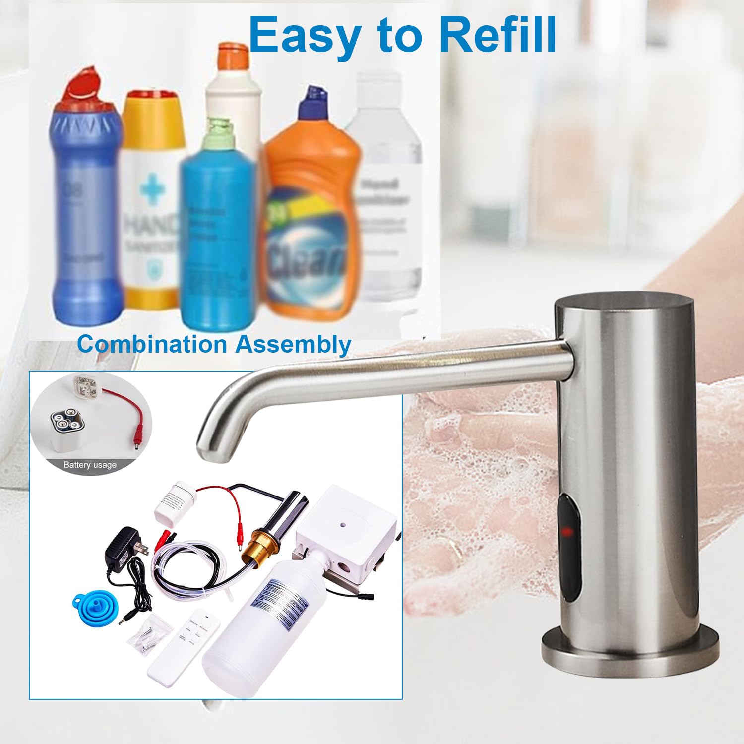 Distributeur de savon automatique sans contact pour évier de cuisine et salle de bain - Distributeur de savon électrique liquide commercial en nickel brossé avec bouteille et pompe - Nickel brossé