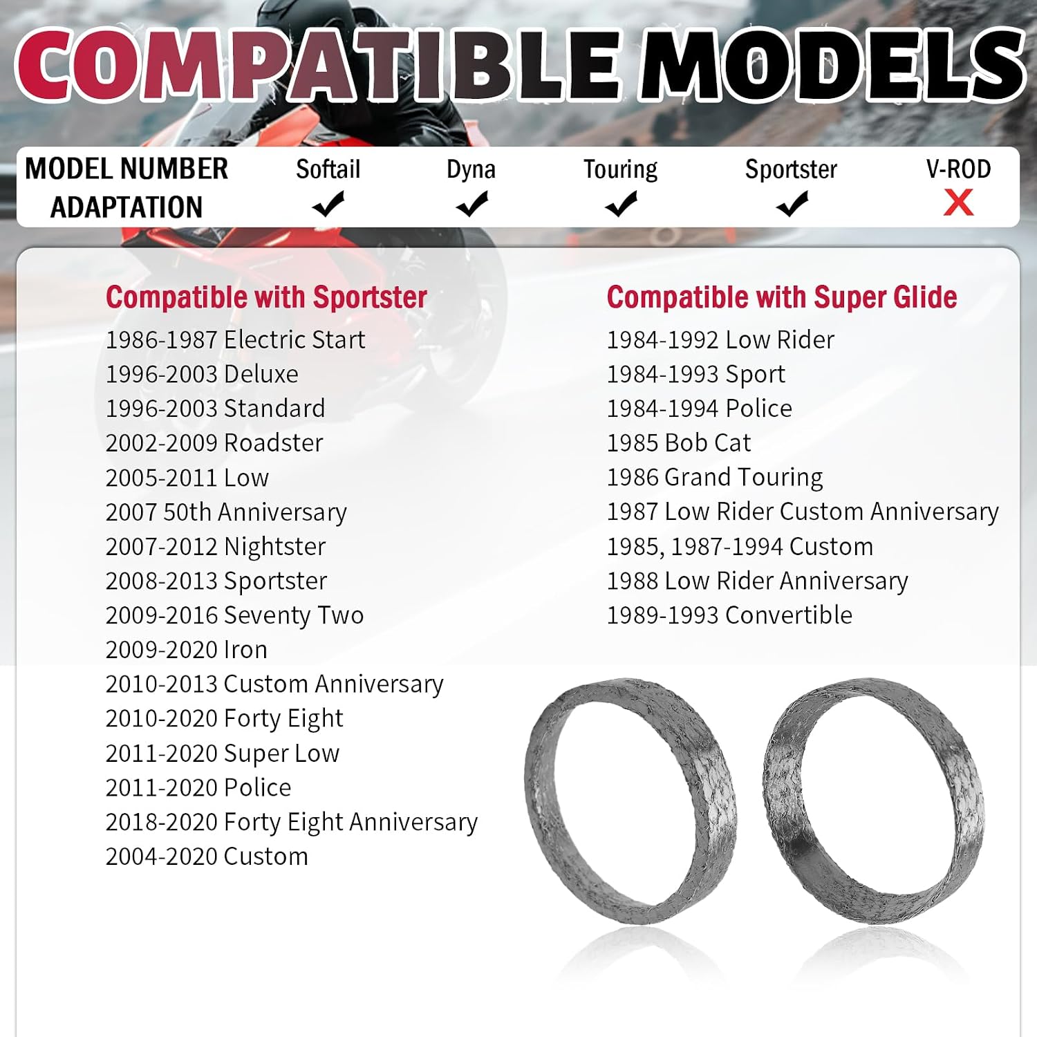 2PCS Compatible with Harley Exhaust Gasket,Motorcycle Exhausts Flange Gasket Replacement Compatible with Softail/Dyna/Touring/Sportster,Professional Exhaust Manifold Gaskets