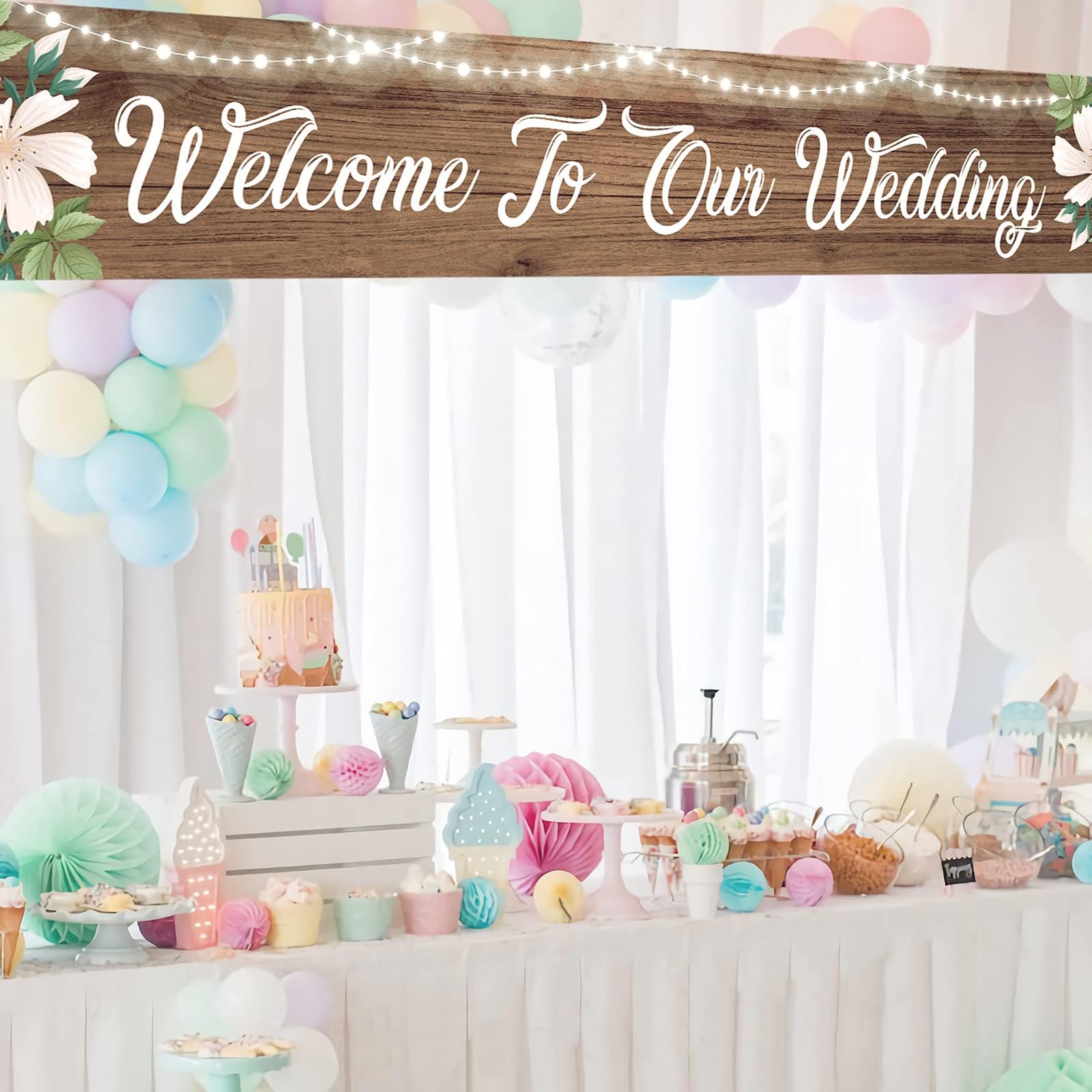 Meltelof Welcome to Our Wedding Large Banner, Welcome to Our Beginning Banner Rustic Wedding Reception Decorations, Indoor Outdoor Backdrop 8.9 x 1.6 Feet