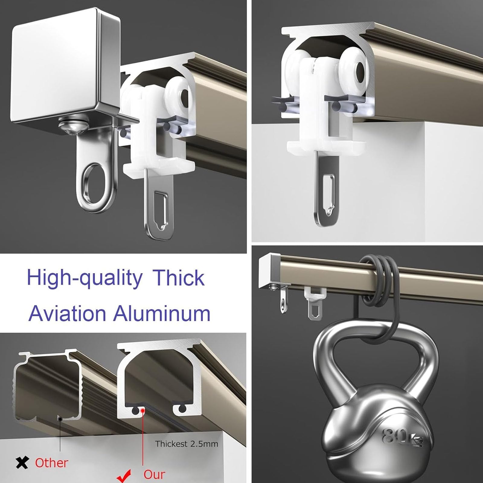 Aluminiowy system karniszy jednotorowych 150 cm, wstępnie nawiercony uchwyt ścienny/sufitowy z haczykami, metaliczny rozdzielacz do zasłon i zasłon