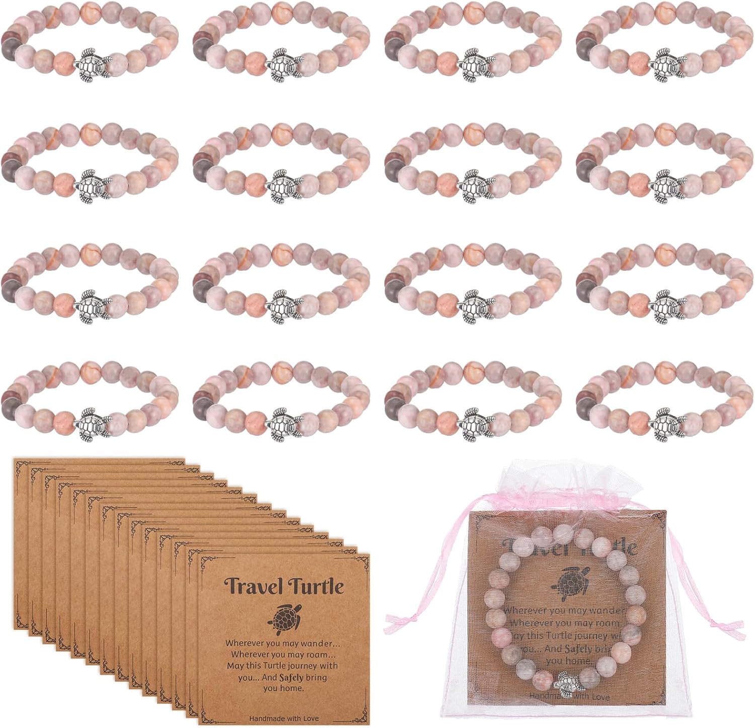 Yinkin 12 Sets Pink Sea Turtle Bracelet for Women Included Bulk Natural Stone Beads Bracelet with Travel Turtle Card Mesh Bag Pink Charm Jewelry for Inspirational Positive Good Luck Gifts