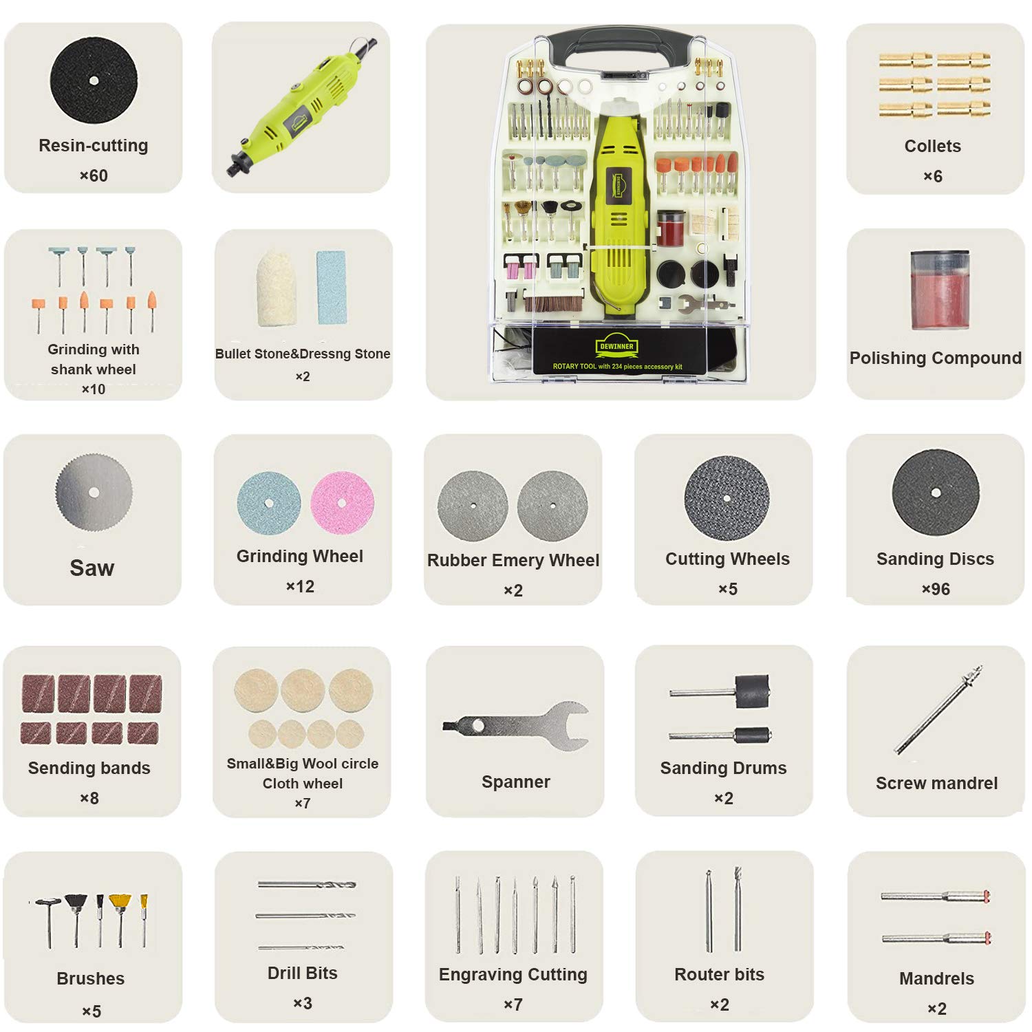 DEWINNER 233pcs Utensili Rotanti Multifunzione, 135 W Mini Utensile Rotante Elettrico Fili a 6 Velocità Variabile, Mandrino Universale, Ideale per Tagliare, Incidere, Lucidatura, Trapano, ecc.