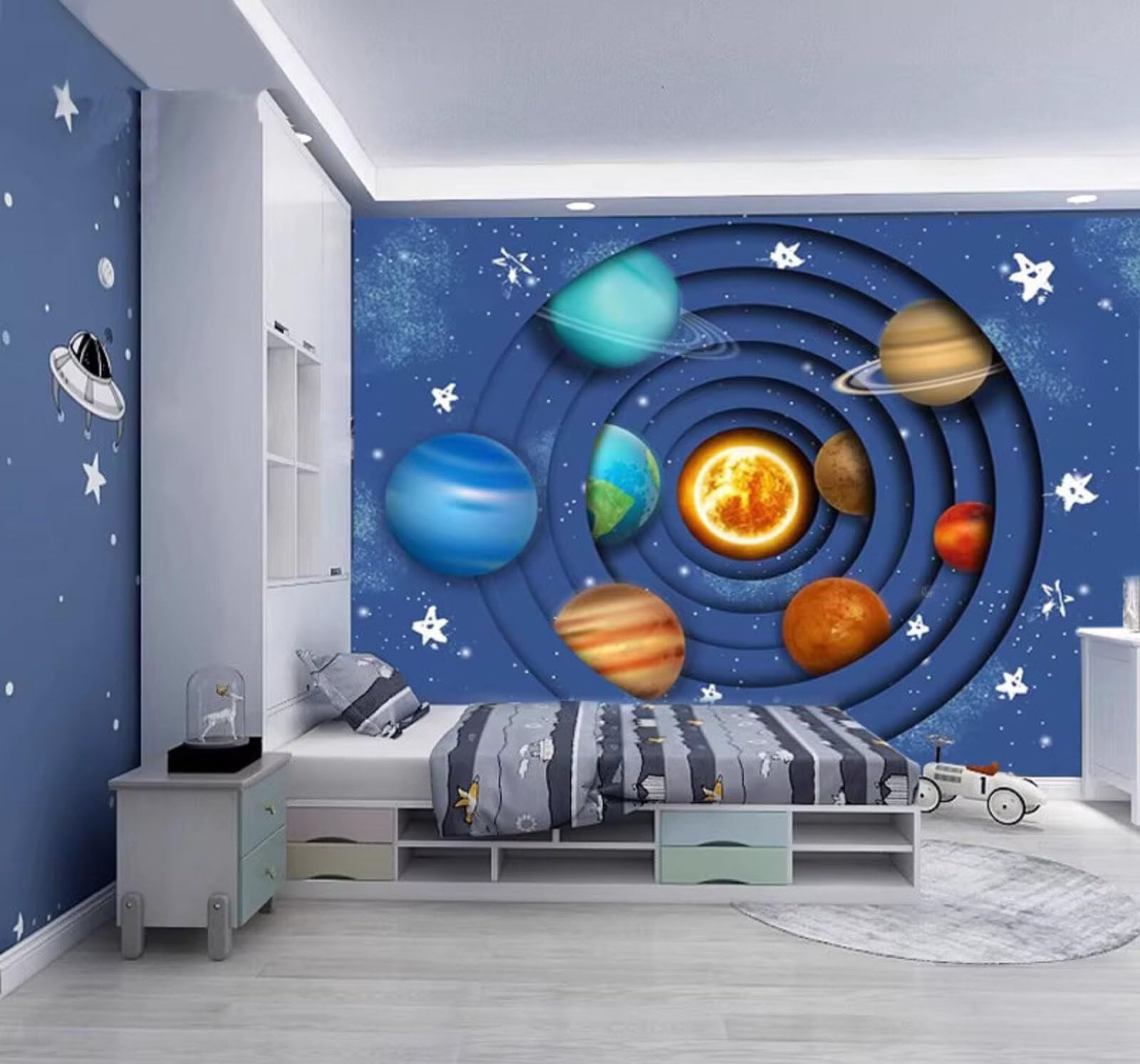 XLMING Blue Cartoon Universe Starry Sky Solar System 3D Wallpaper Luxury Silk Study Dining Feature Sofa Grey Bedroom Living Room Tv Decorative Wall-400cm×280cm