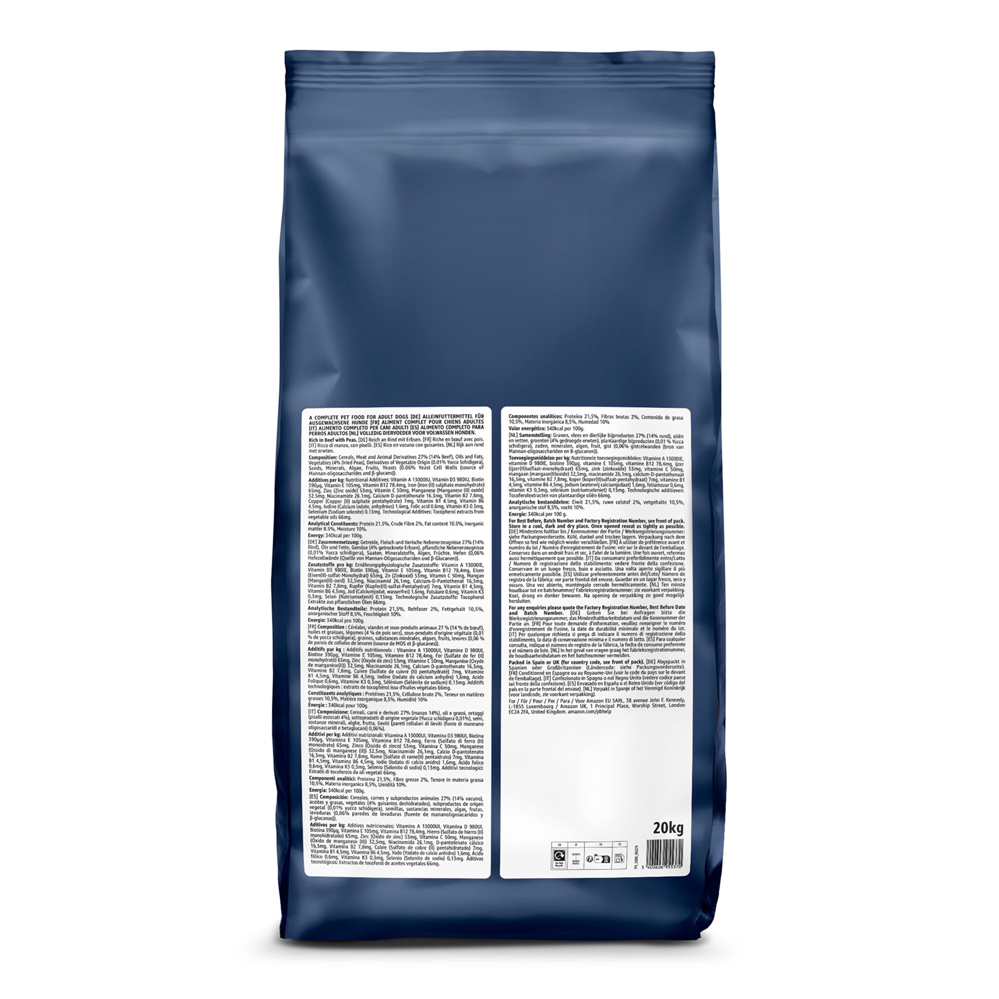 by Amazon - Alimento secco completo per cani adulti ricco di manzo con piselli, 1 confezione da 20 kg