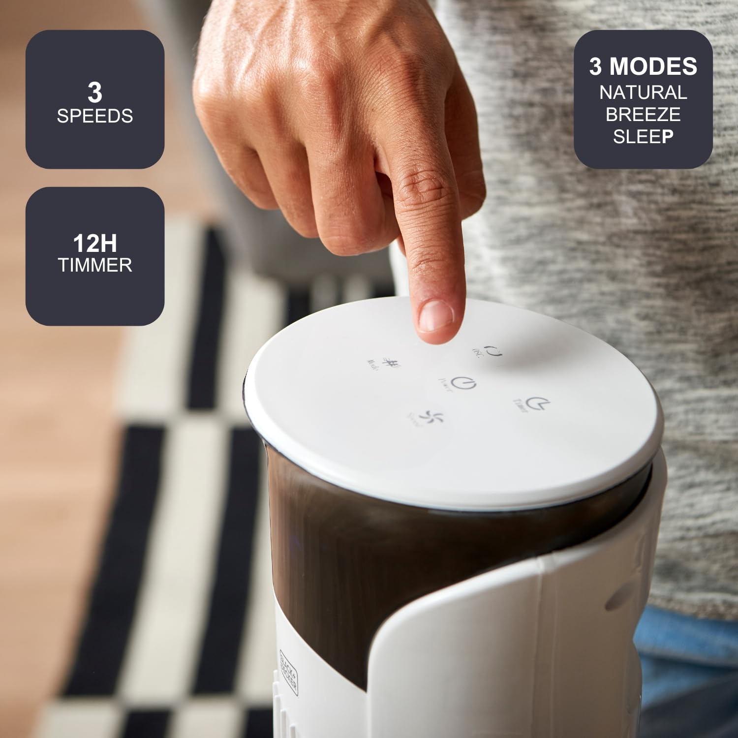 Black+Decker BXEFT49E Cyfrowy wentylator wieżowy z bardzo wysokim 102 cm i cichym pilotem, 3 prędkości, timer 12h, temperatura otoczenia, biały