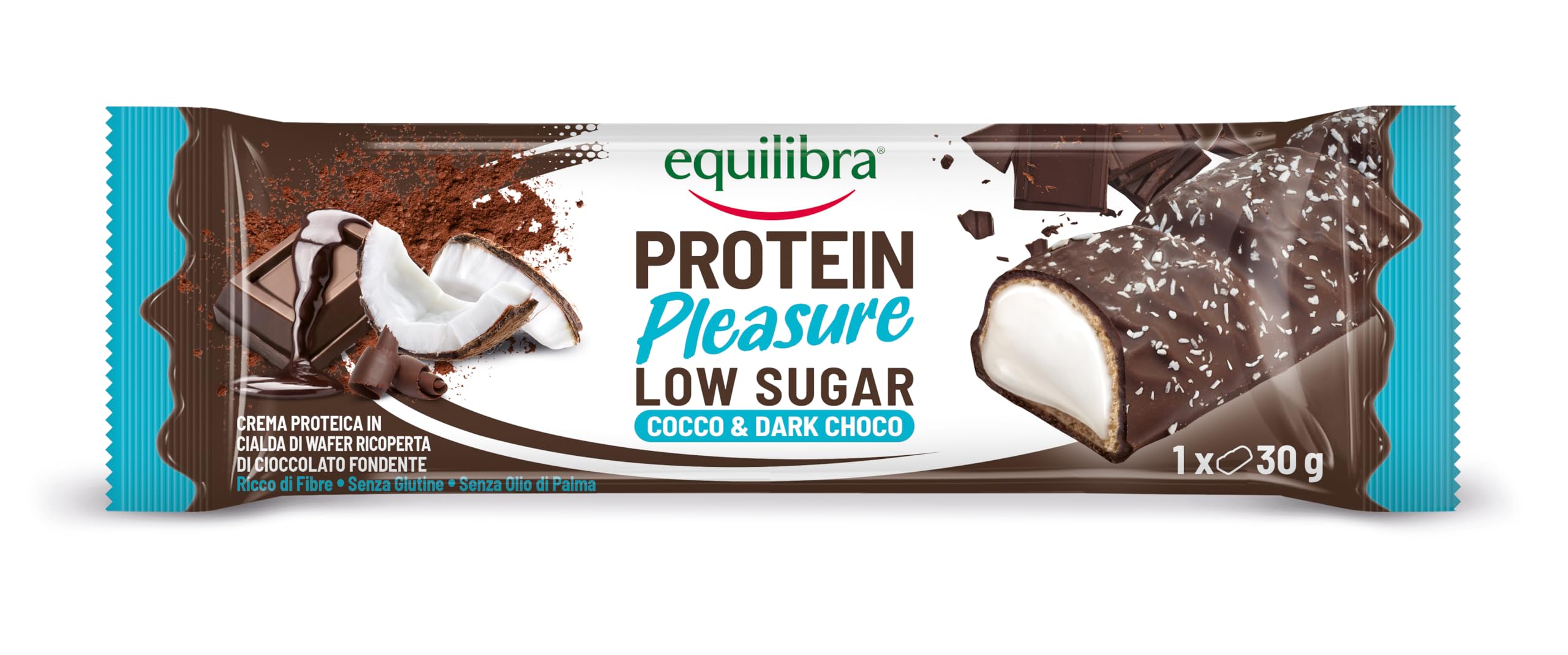 Equilibra Barrette Proteiche, Protein Pleasure Cocco & Dark Choco, Barretta Proteica Ricoperta di Cioccolato, Low Sugar, High Protein, Senza Glutine, Senza Olio di Palma, 20 Barrette da 30 g