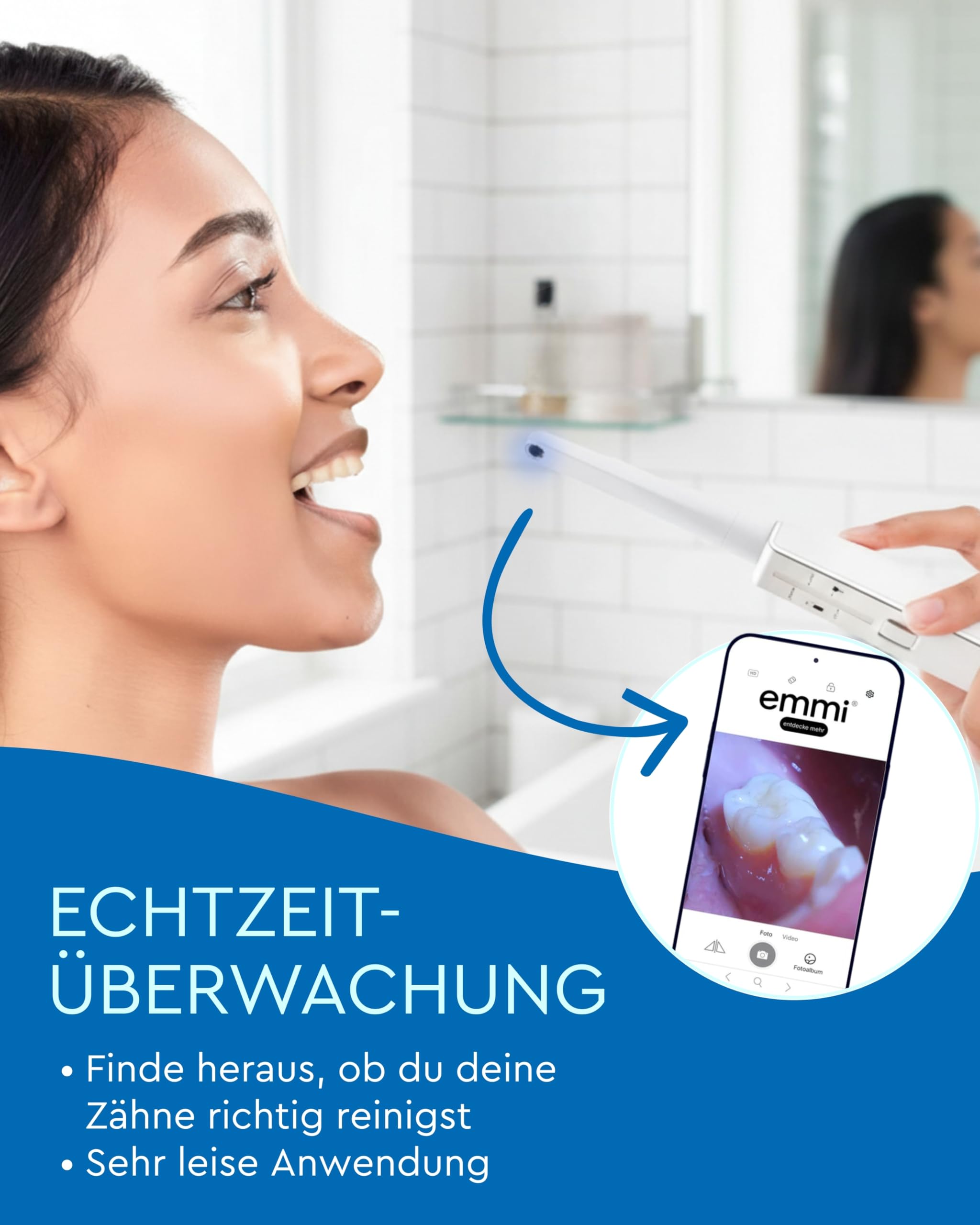 emmi-DENT Ultraschall Zahnbürste Platinum CAM in Weiß I Starter Set mit integrierter Kamera I inkl. Handteil, Ladestation, 2x Aufsatz & Zahnpasta I Plaque- & Zahnsteinreduzierung I Sanfte Reinigung