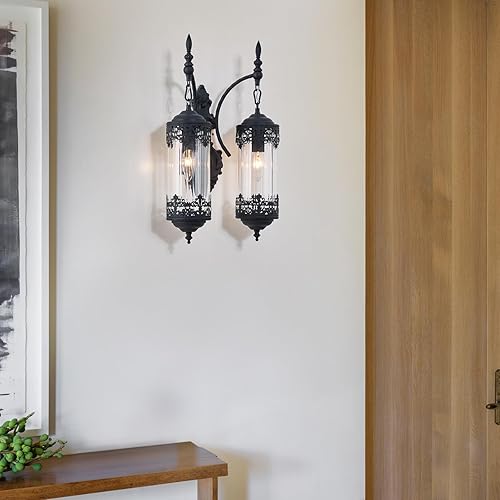 Miniatura 7 de RONGHUAFUGUI Apliques de pared rústicos negros con 2 luces, estilo vintage, gótico, retro, gótico, único, medieval para pasillo, mesita de noche,
