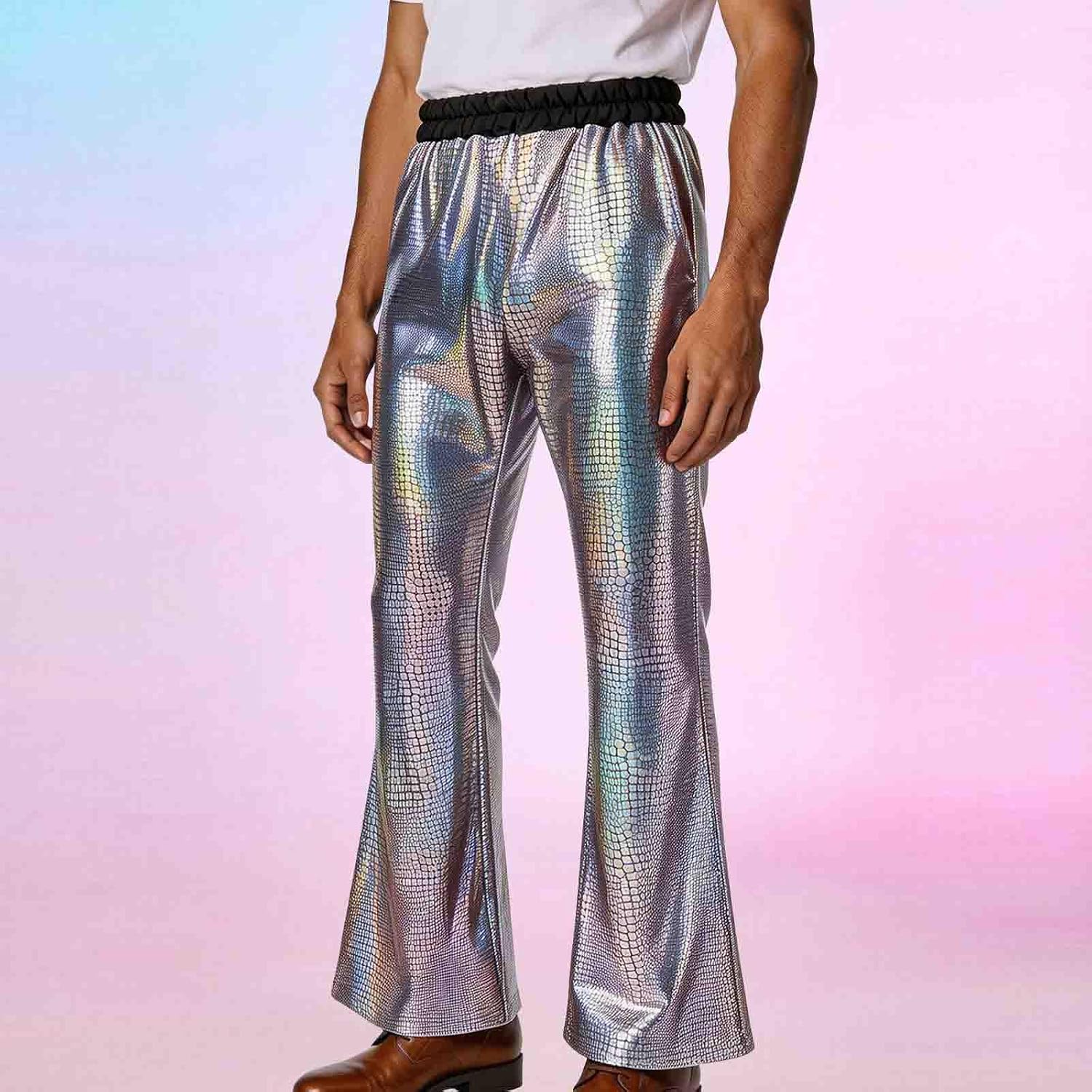 Mens Shiny Metallic 70s Disco Pants Hippie Sequins High Waisted Leg Bottom Glitter Trousers Bottoms Flared Pants