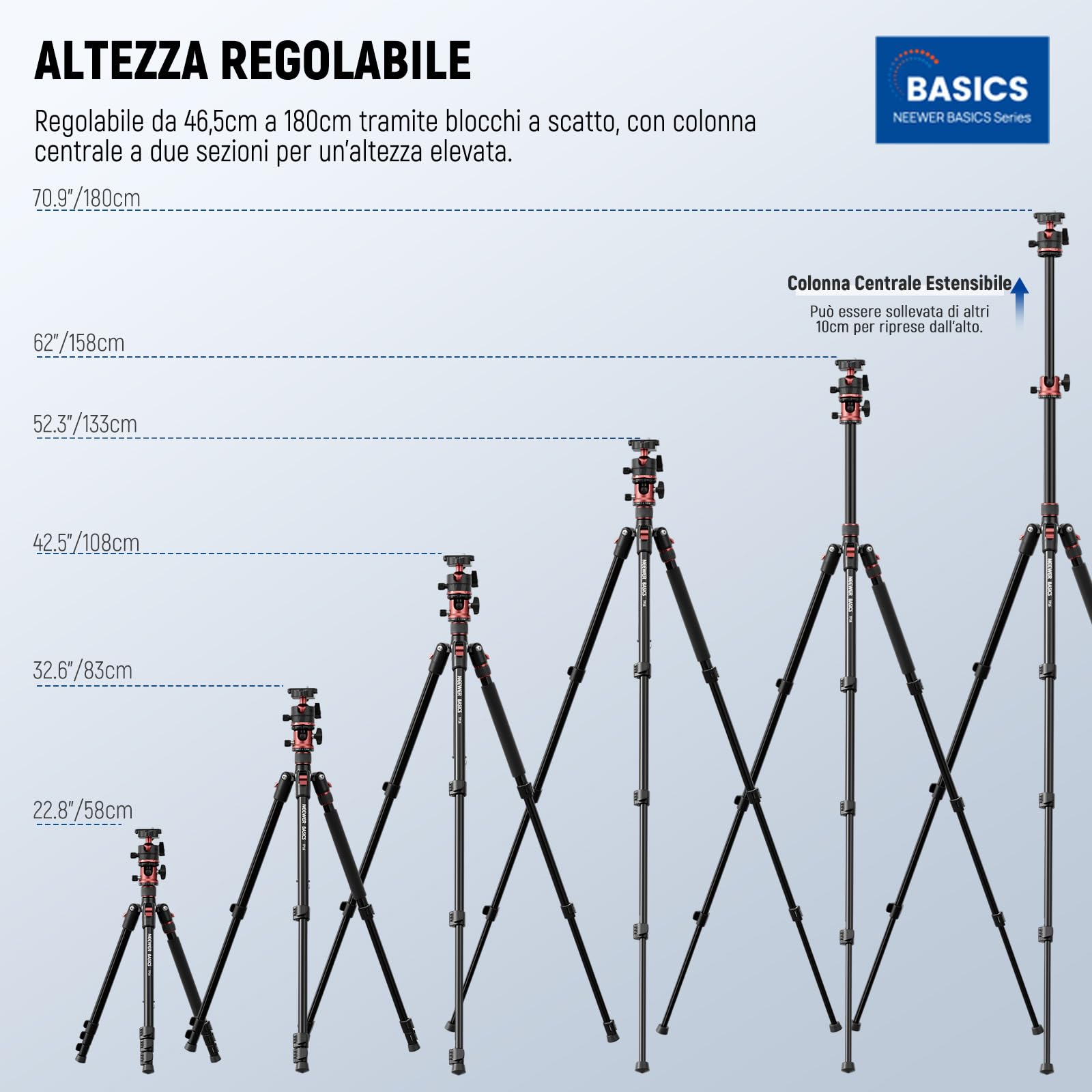 NEEWER BASICS Monopiede Treppiede Fotocamera da 1,8m con Colonna Centrale e Testa Sfera, Overhead Tripod DSLR Cellulare a Sgancio Rapido Compatibile con iPhone per Riprese Video Viaggio, Max 8kg, TP16