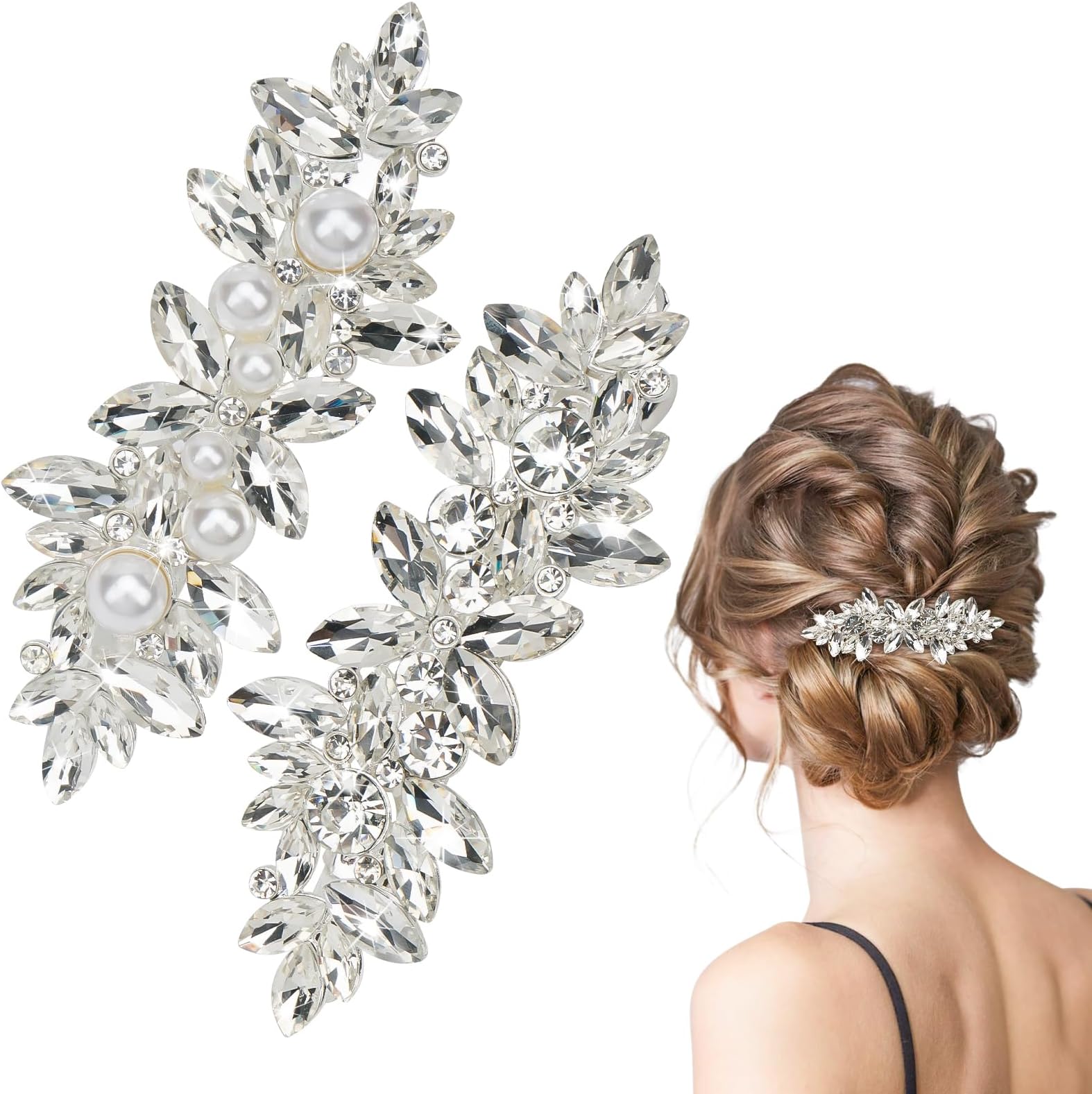 Amazon.com : 2Pcs Silver Crystal Pearl Hair Clips for Women Sparkly ...