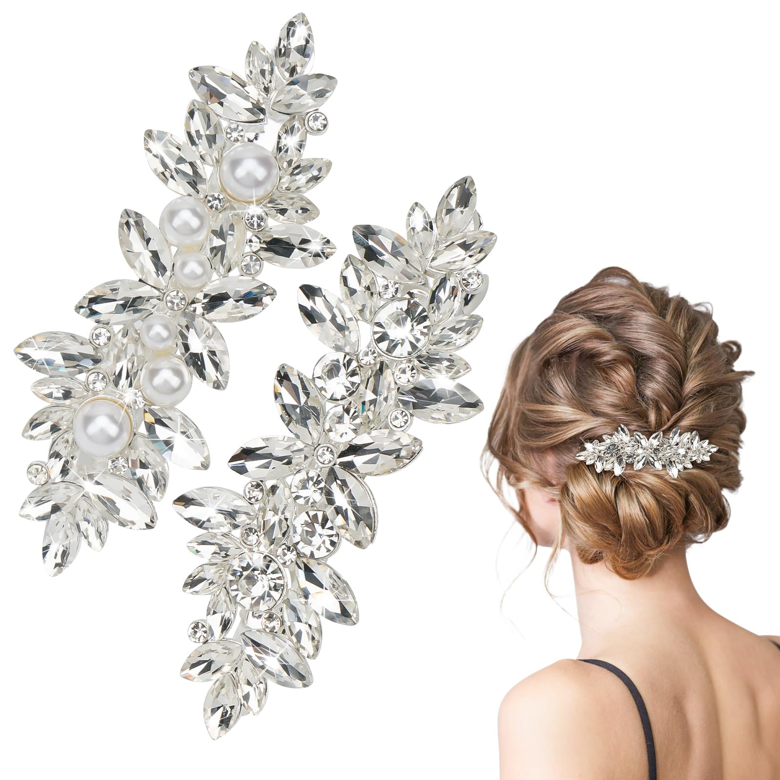 Amazon.com : 2Pcs Silver Crystal Pearl Hair Clips for Women  display picture 3
