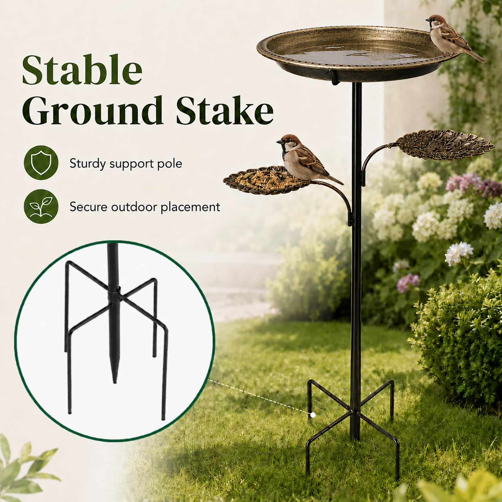 Metall Vogeltränke Stehend, 2 in 1 Vogelbad & Futterschale,Bird Bath für Garten, Vintage Vogeltränke Balkon, Freistehendes Vogelbad Gartenstecker, Wassertränke für Vögel