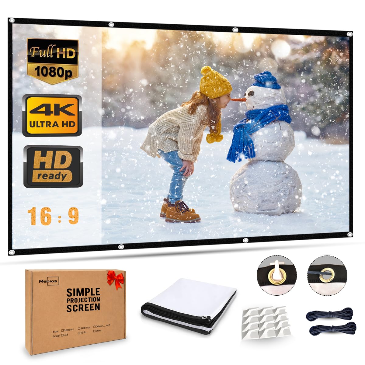 Projector Screen 100 Inch 16:9 HD 4K, Wrinkle-Free Foldable Portable Movie Screen for Indoor Outdoor Home Theater Cinema