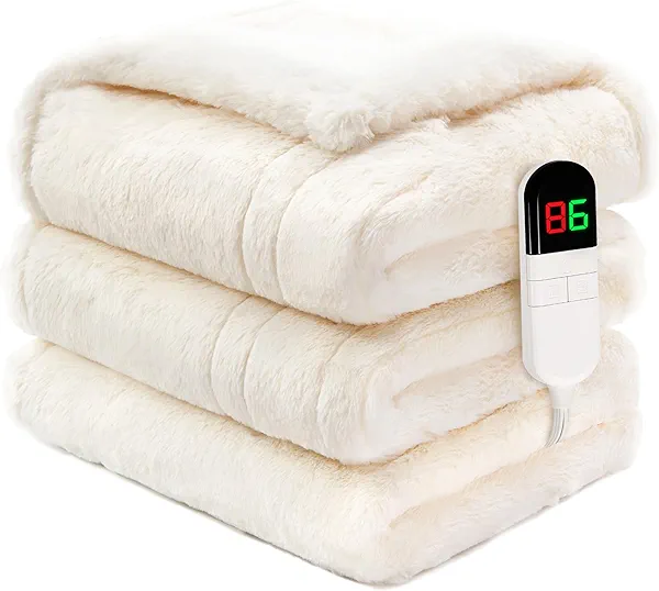 PTQ Premium Heated Throw Blanket 50"×60" - Ultra Cosy Soft Electric Blanket with 8 Heating Levels,Plush Fast Heating Faux Fur Blanket for Bed & Couch - Auto Shut Off,Machine Washable Blanket (Beige)